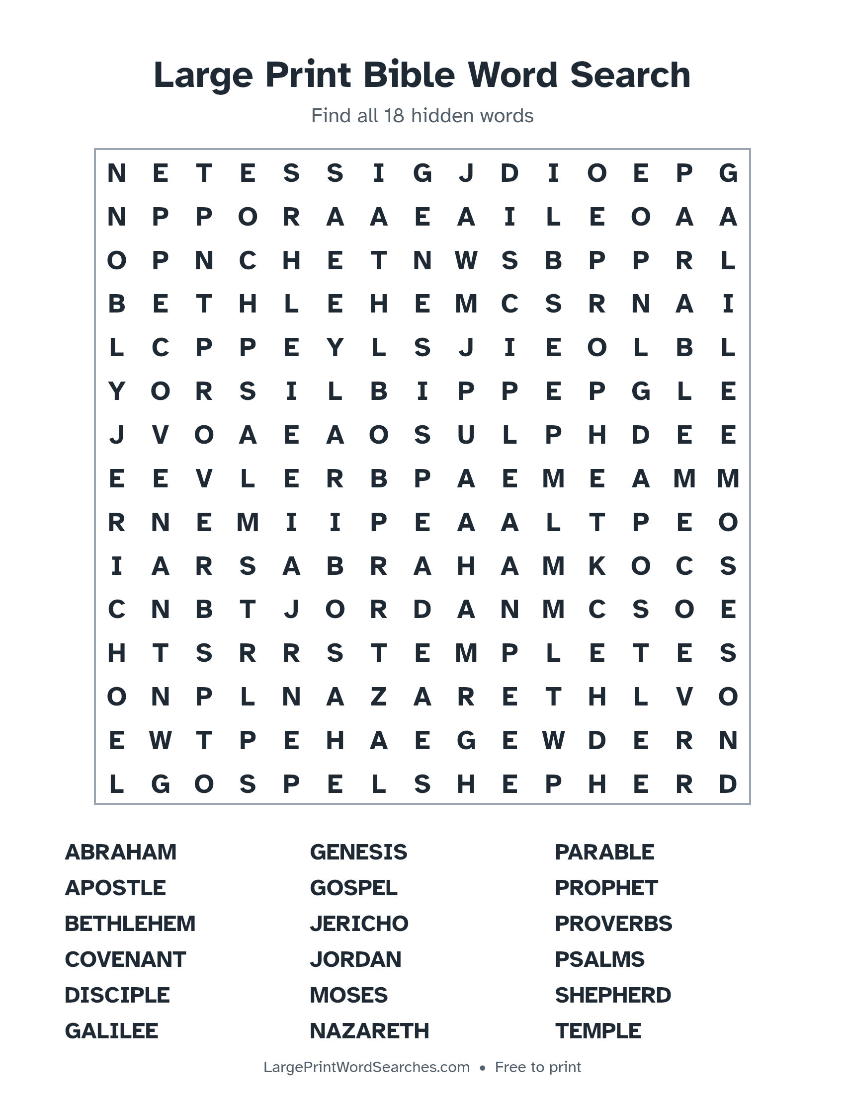 Large Print Bible Word Search puzzle 1: a 15 by 15 letter grid with 18 hidden words in large print