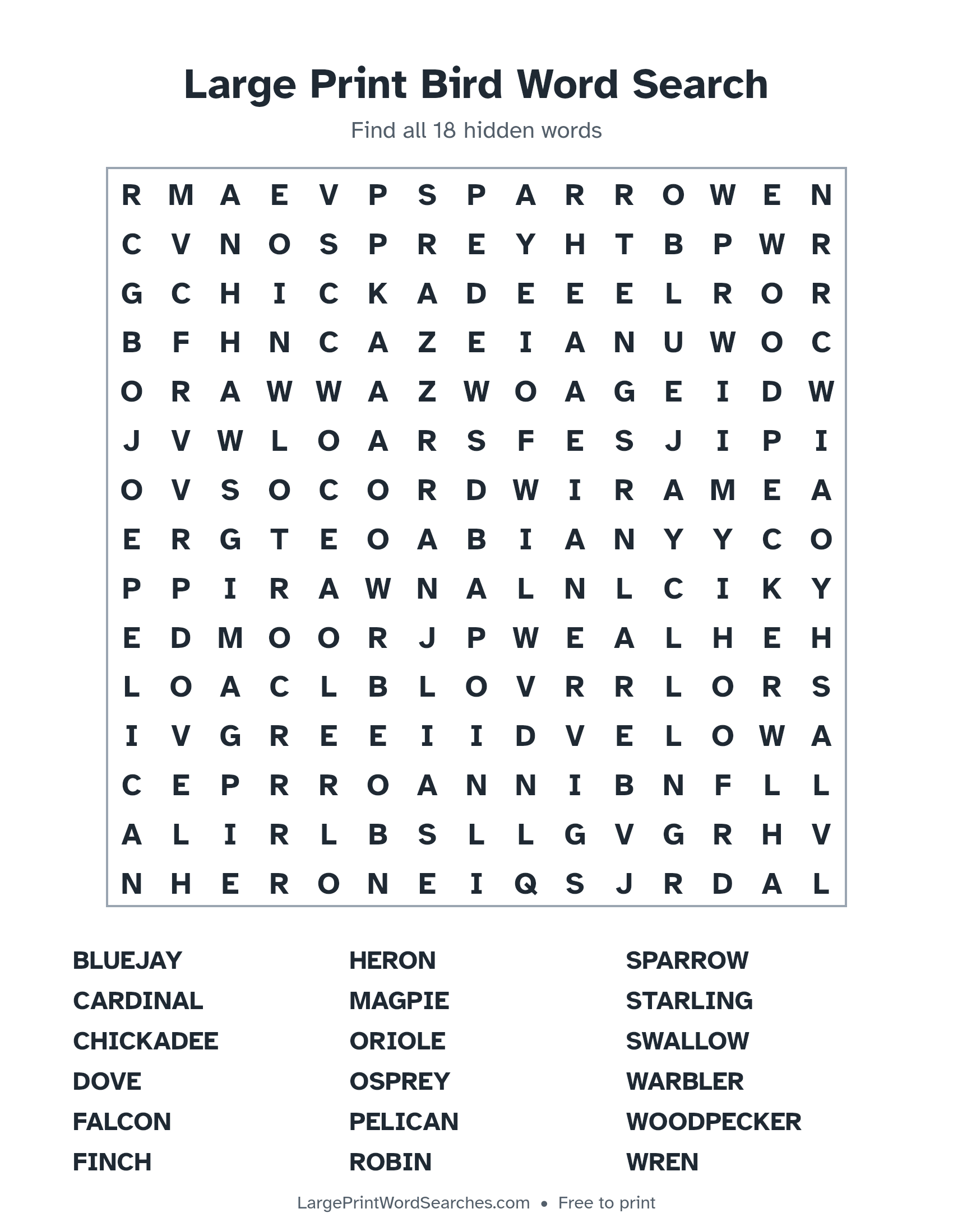 Large Print Bird Word Search puzzle 1: a 15 by 15 letter grid with 18 hidden words in large print