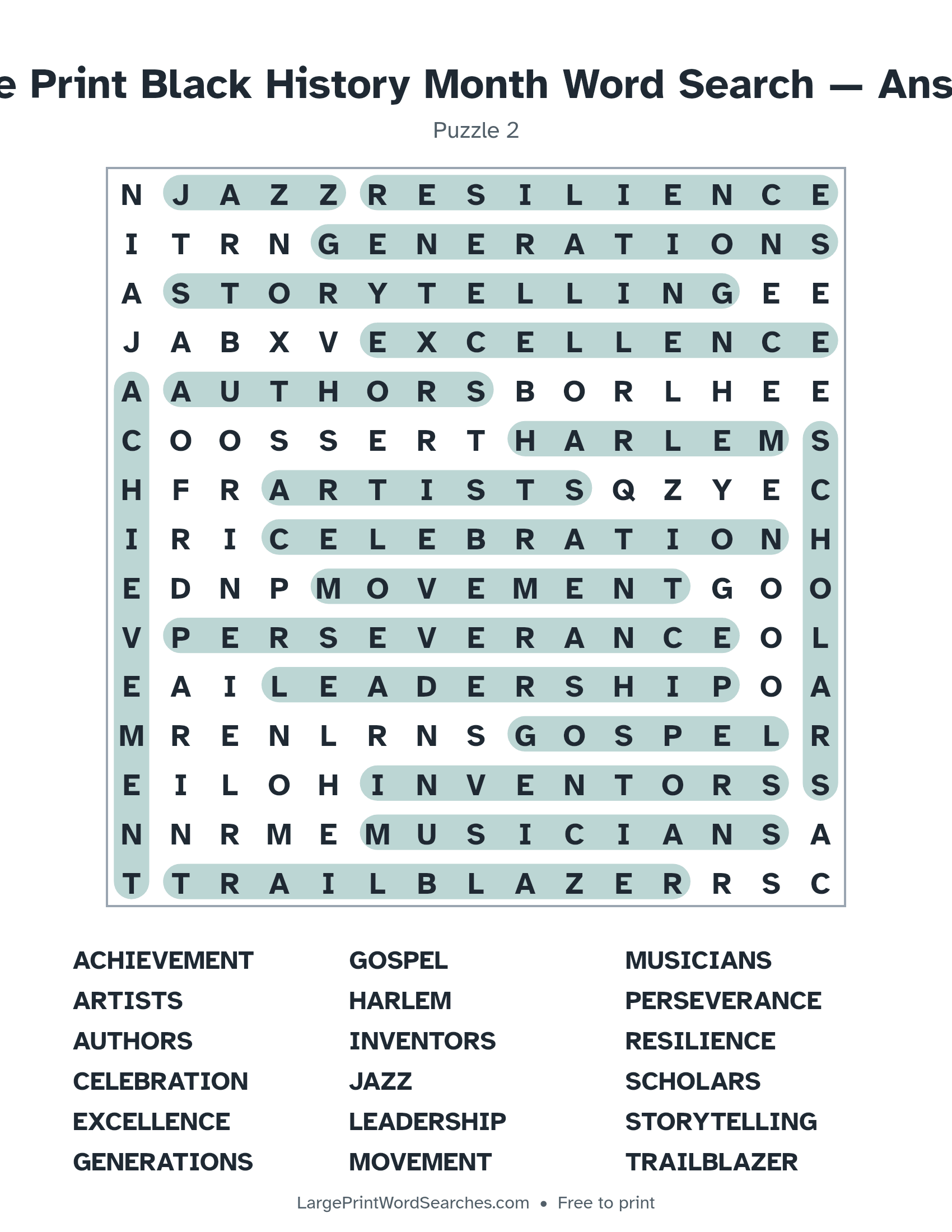 Answer key for large print black history month word search puzzle 2 with every hidden word highlighted