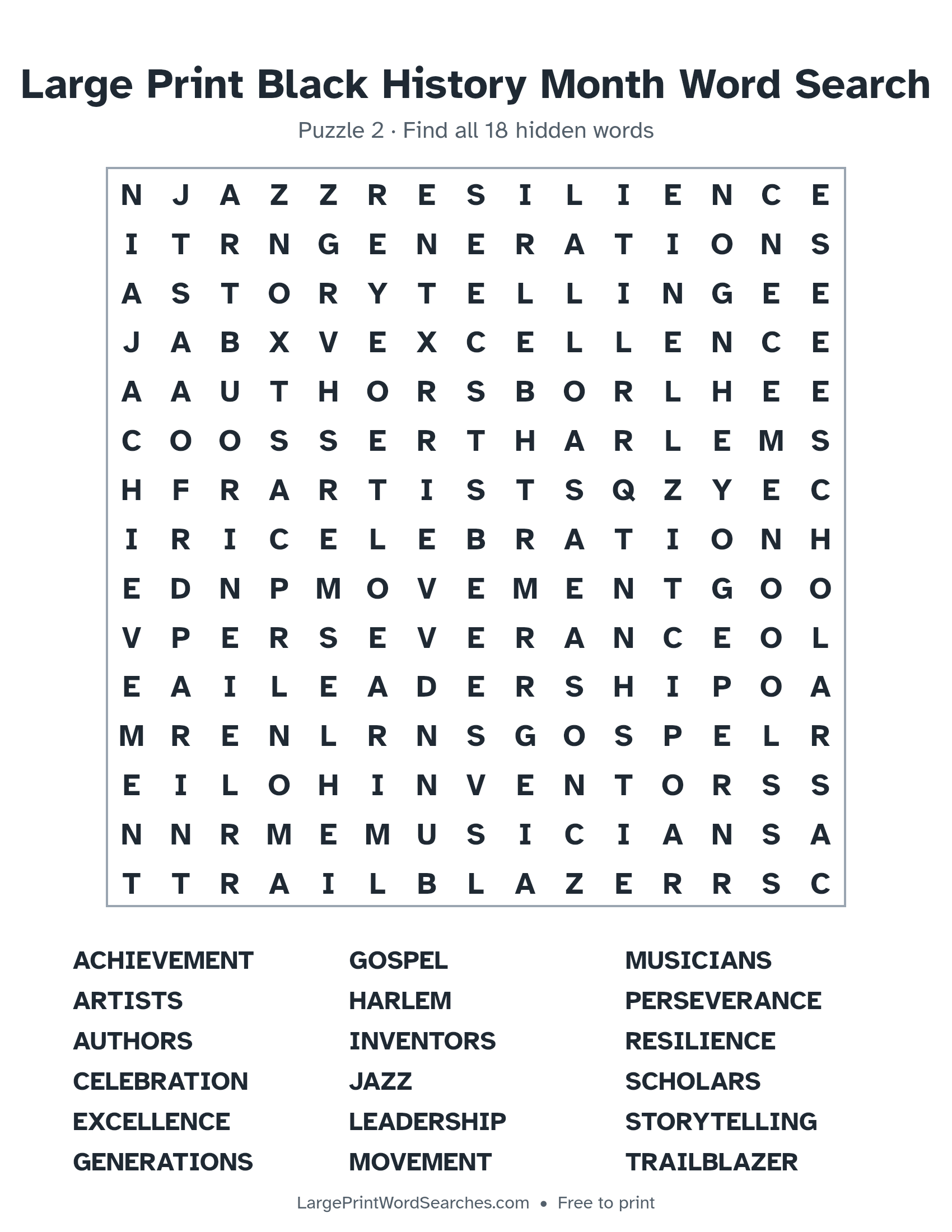 Large Print Black History Month Word Search puzzle 2: a 15 by 15 letter grid with 18 hidden words in large print