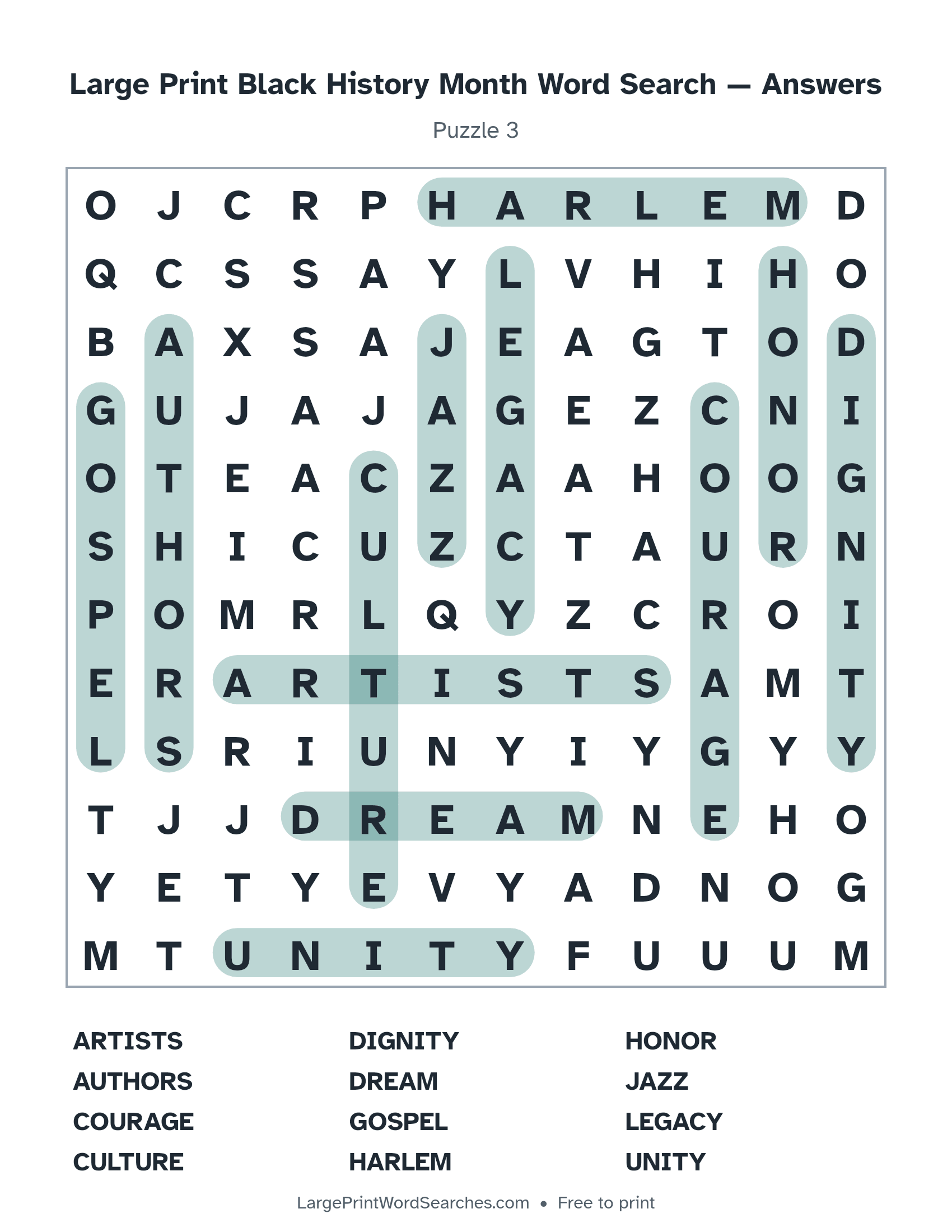 Answer key for large print black history month word search puzzle 3 with every hidden word highlighted