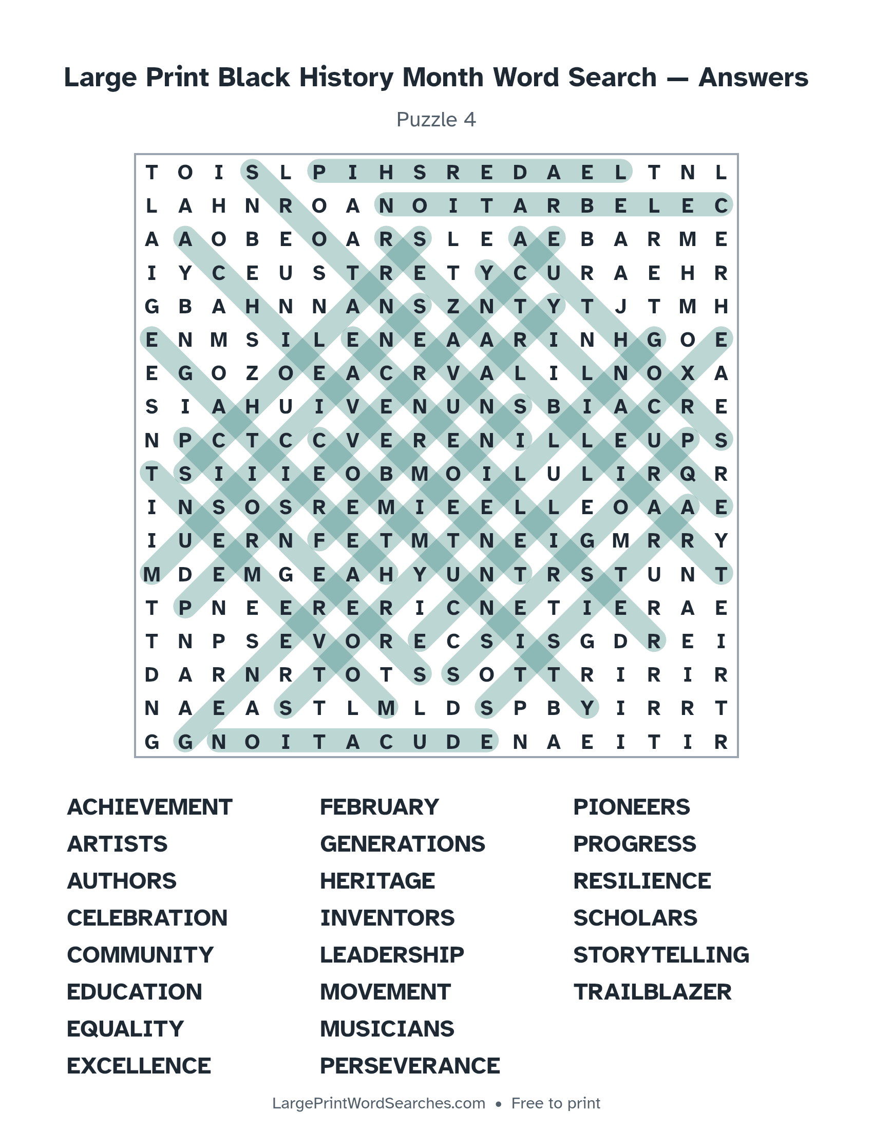 Answer key for large print black history month word search puzzle 4 with every hidden word highlighted