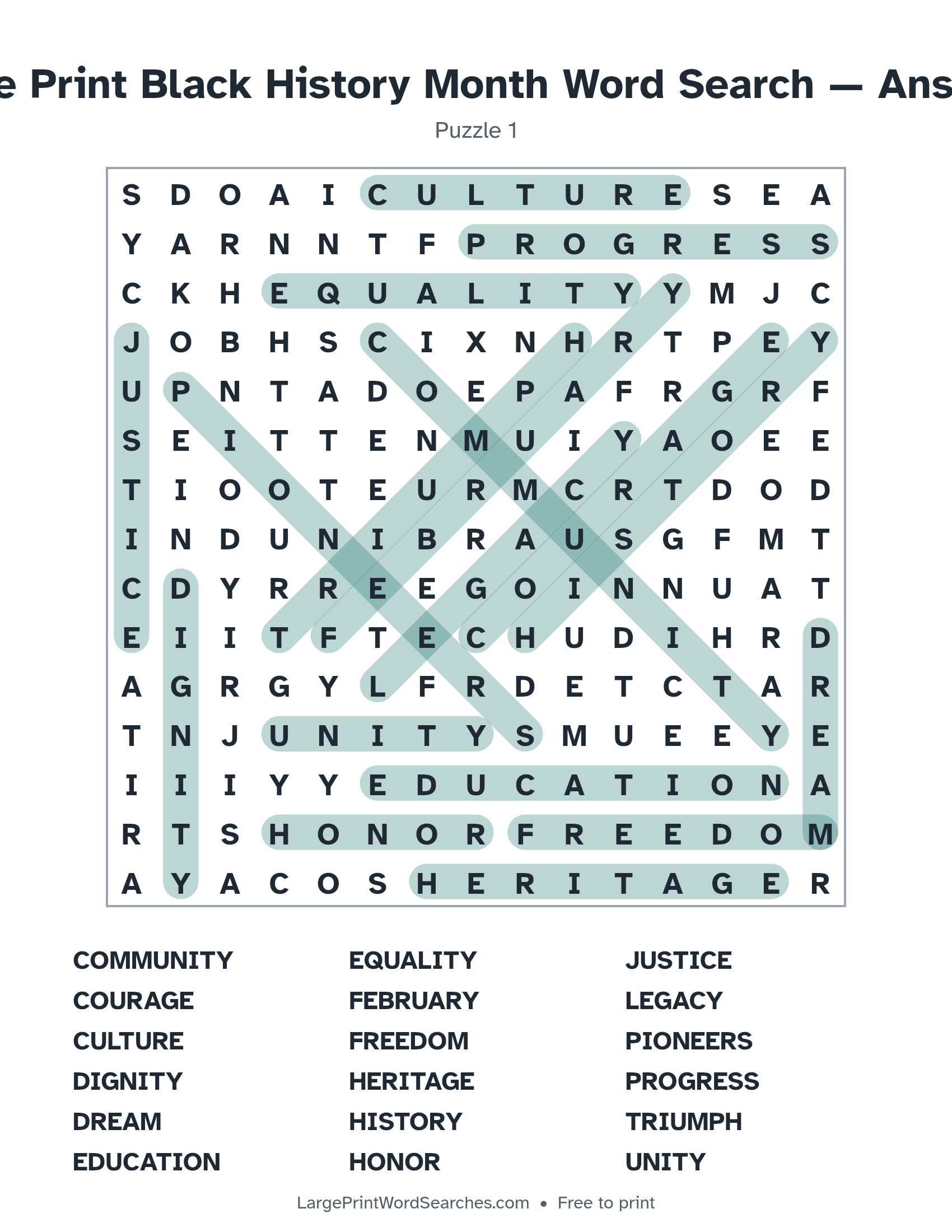 Answer key for large print black history month word search puzzle 1 with every hidden word highlighted