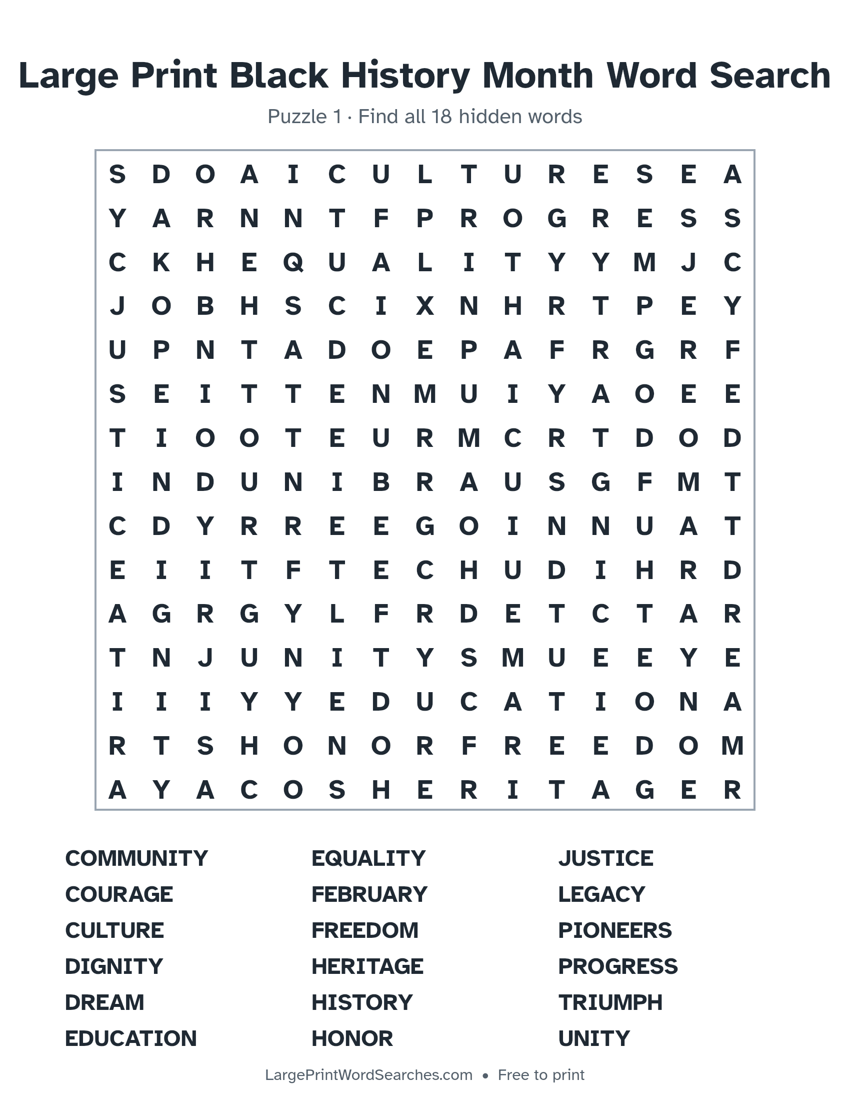 Large Print Black History Month Word Search puzzle 1: a 15 by 15 letter grid with 18 hidden words in large print