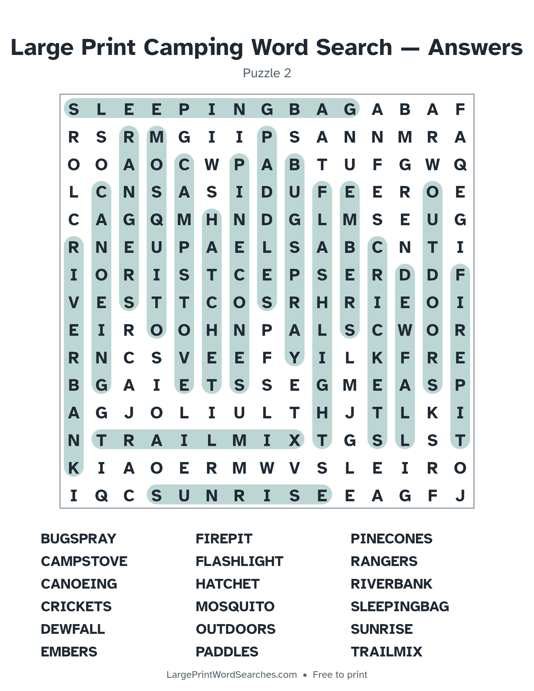 Answer key for large print camping word search puzzle 2 with every hidden word highlighted