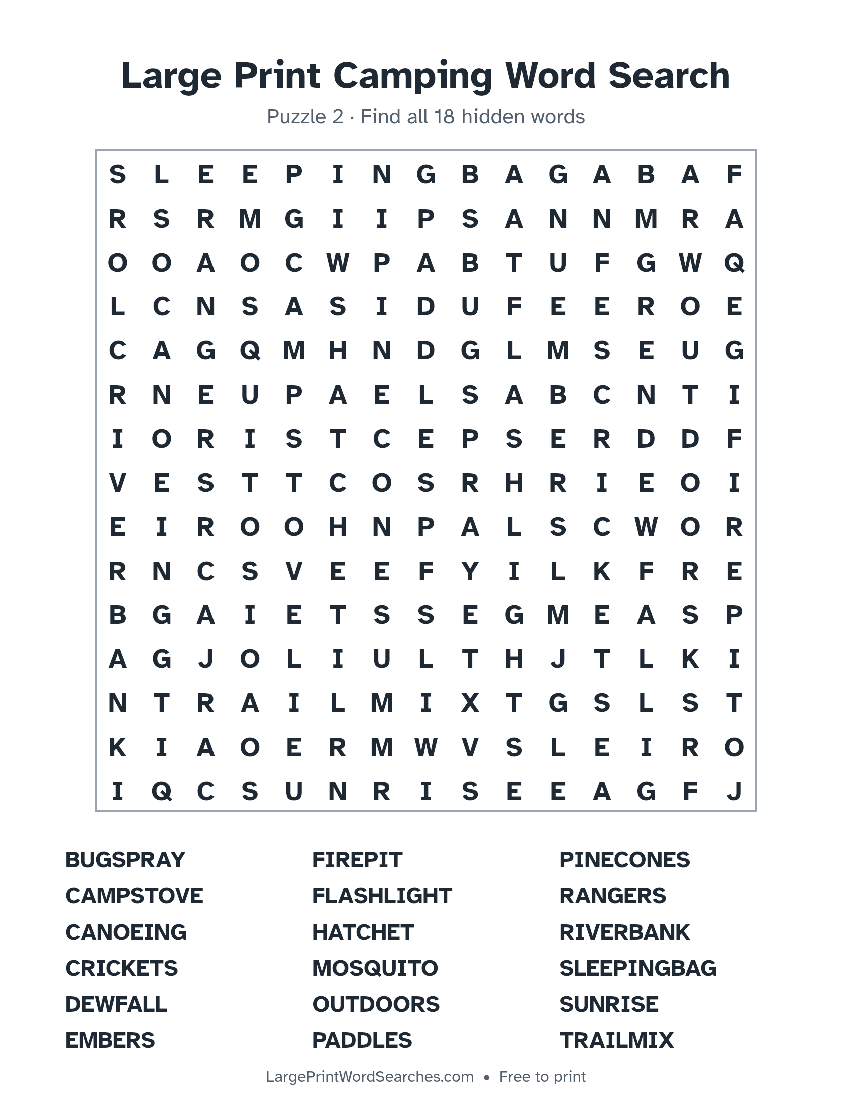 Large Print Camping Word Search puzzle 2: a 15 by 15 letter grid with 18 hidden words in large print