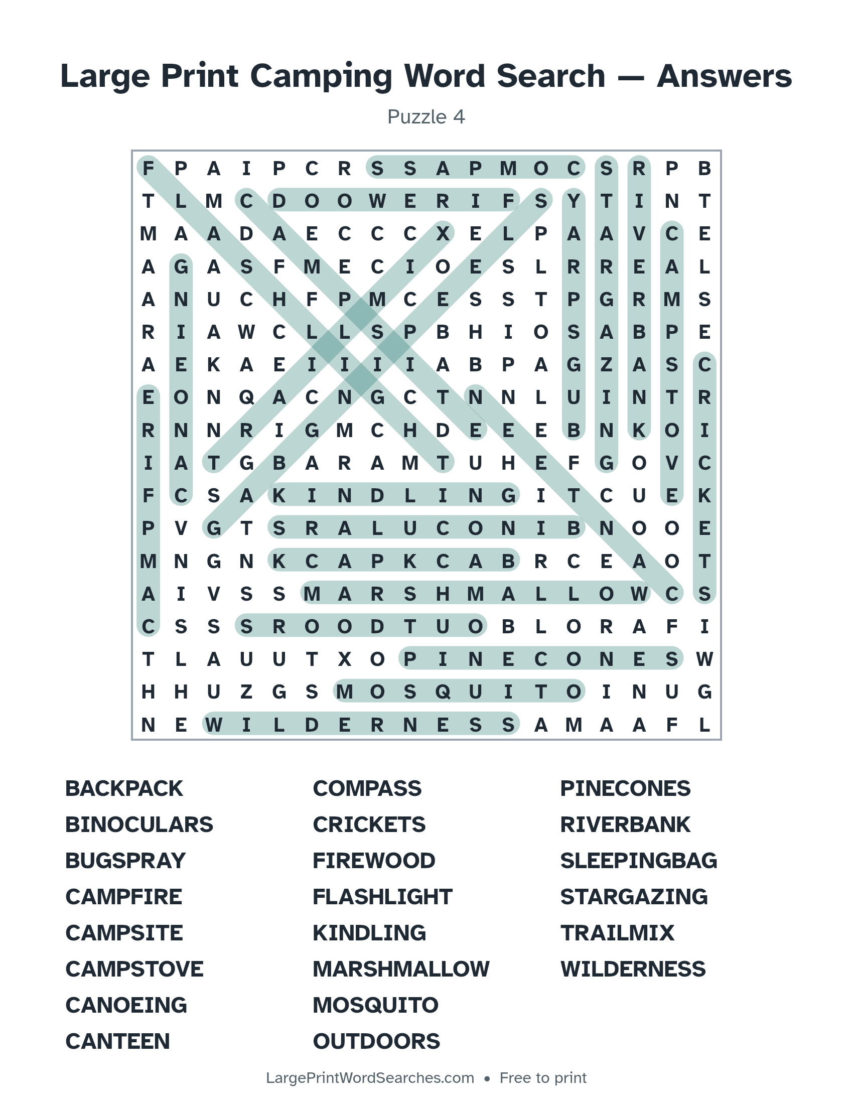 Answer key for large print camping word search puzzle 4 with every hidden word highlighted