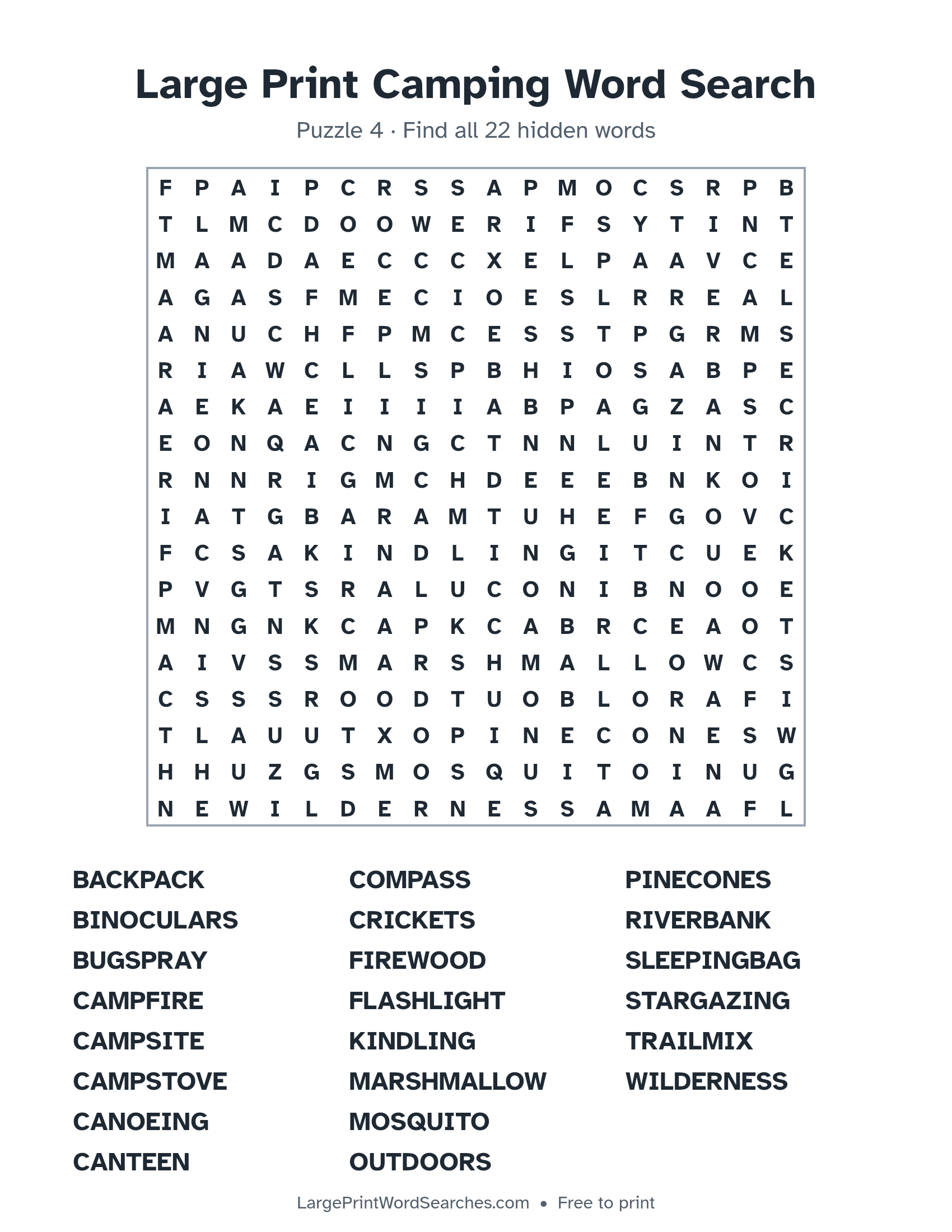 Large Print Camping Word Search puzzle 4: a 18 by 18 letter grid with 22 hidden words in large print