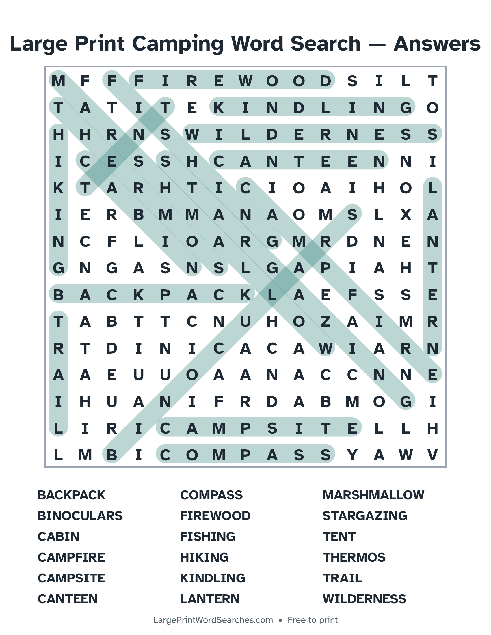 Answer key for large print camping word search puzzle 1 with every hidden word highlighted