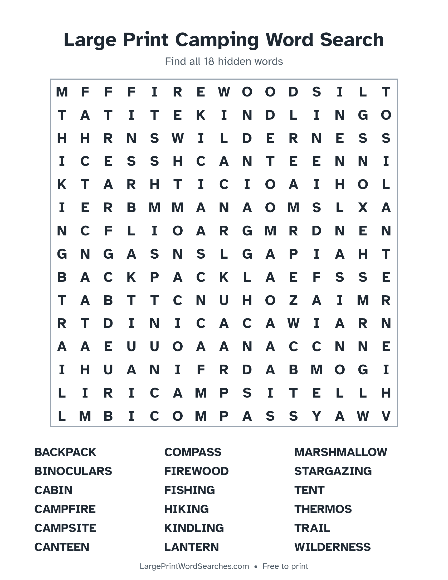 Large Print Camping Word Search puzzle 1: a 15 by 15 letter grid with 18 hidden words in large print
