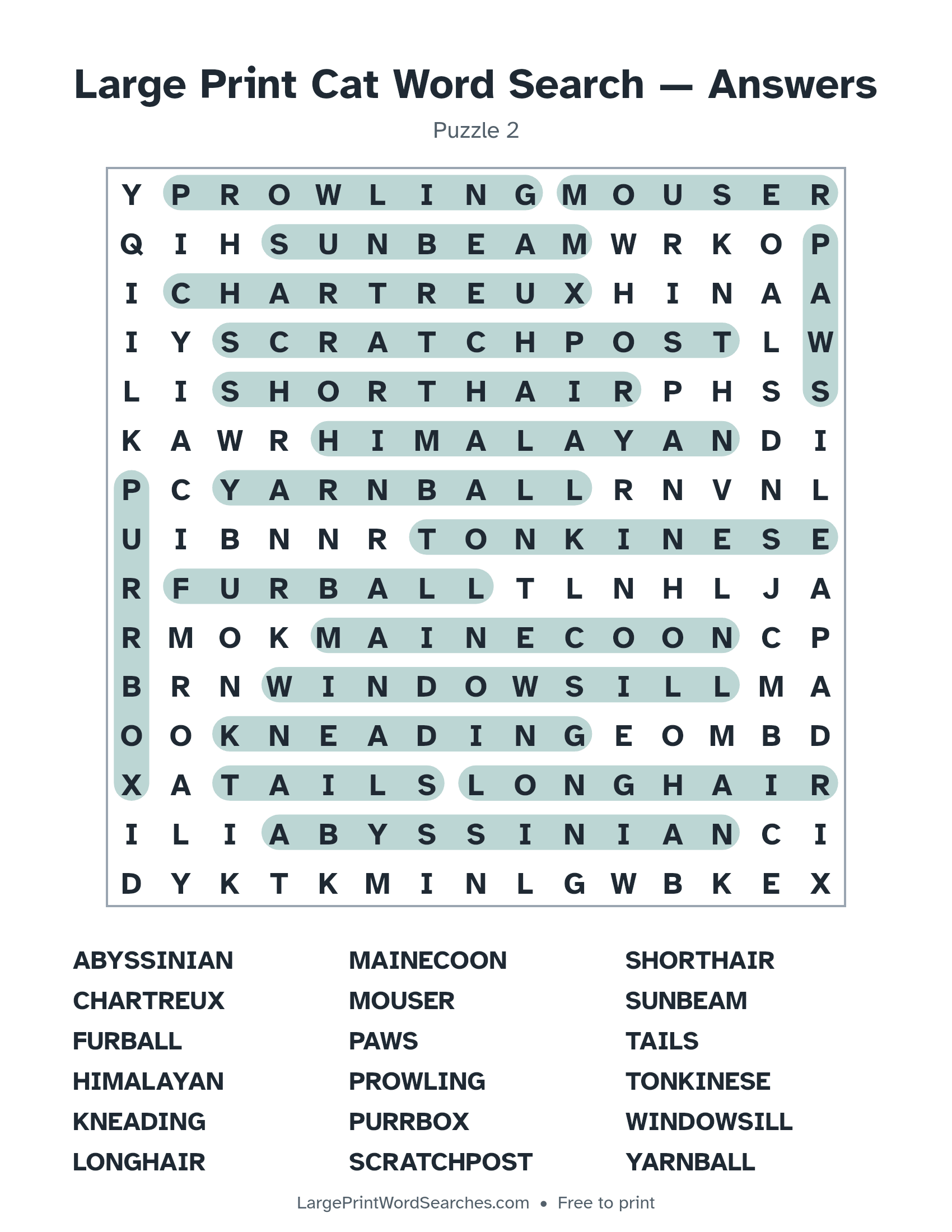 Answer key for large print cat word search puzzle 2 with every hidden word highlighted