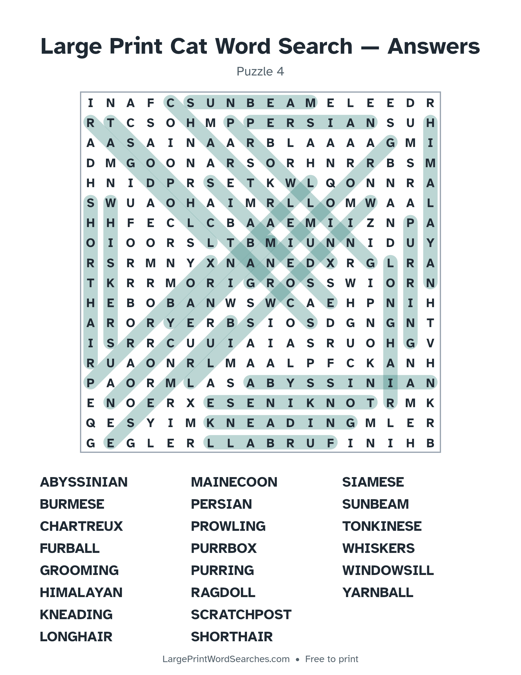 Answer key for large print cat word search puzzle 4 with every hidden word highlighted