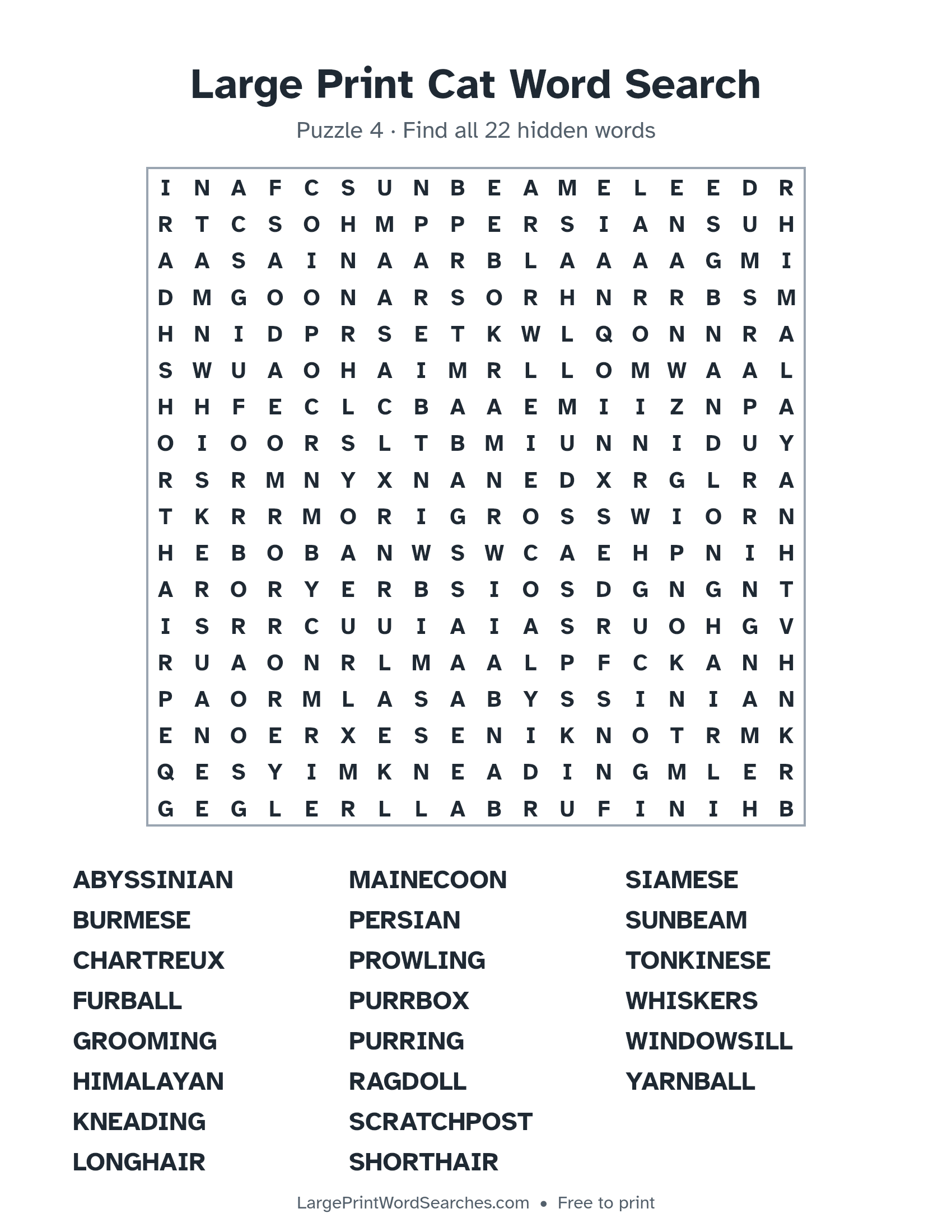 Large Print Cat Word Search puzzle 4: a 18 by 18 letter grid with 22 hidden words in large print