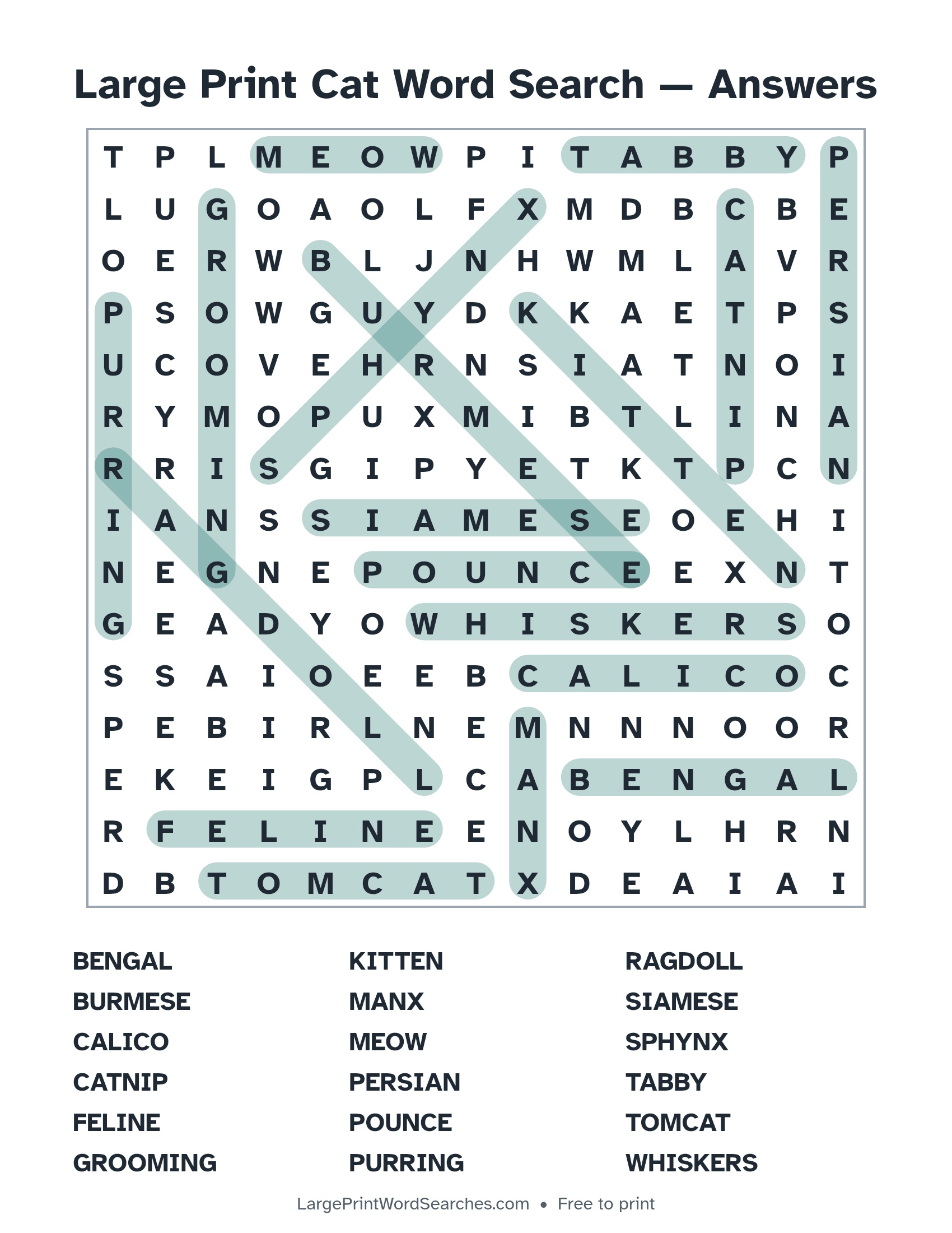 Answer key for large print cat word search puzzle 1 with every hidden word highlighted
