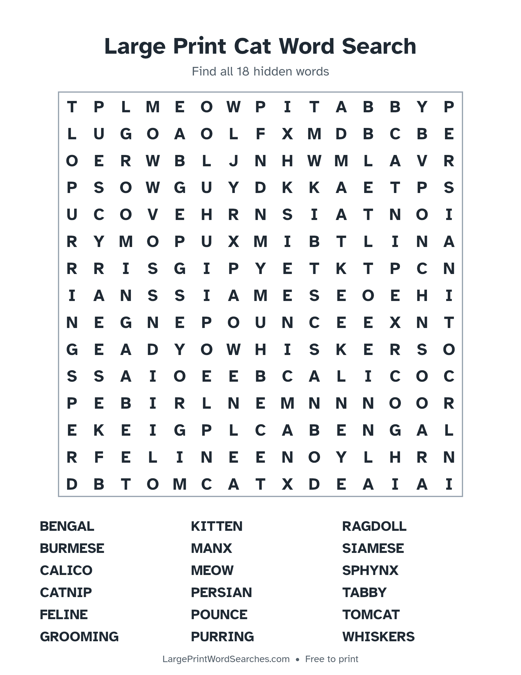 Large Print Cat Word Search puzzle 1: a 15 by 15 letter grid with 18 hidden words in large print