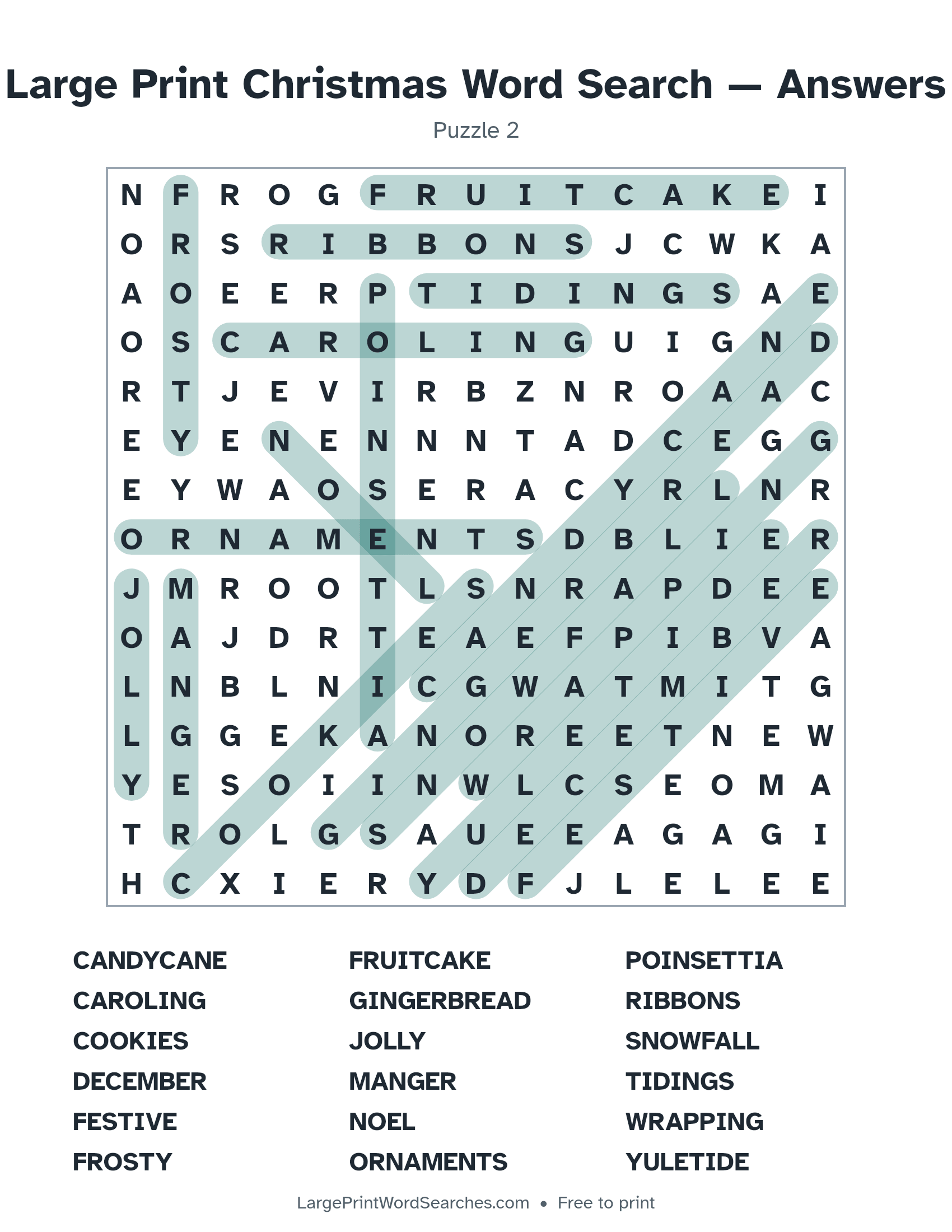 Answer key for large print christmas word search puzzle 2 with every hidden word highlighted