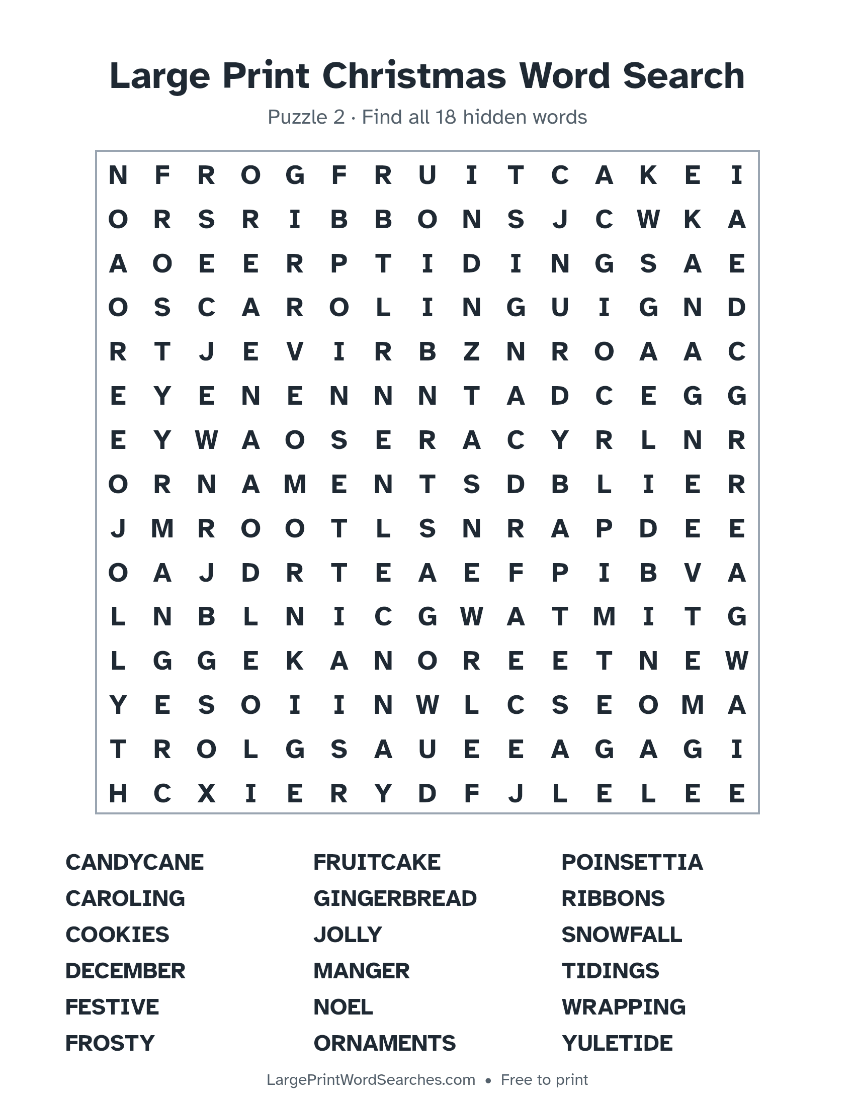 Large Print Christmas Word Search puzzle 2: a 15 by 15 letter grid with 18 hidden words in large print
