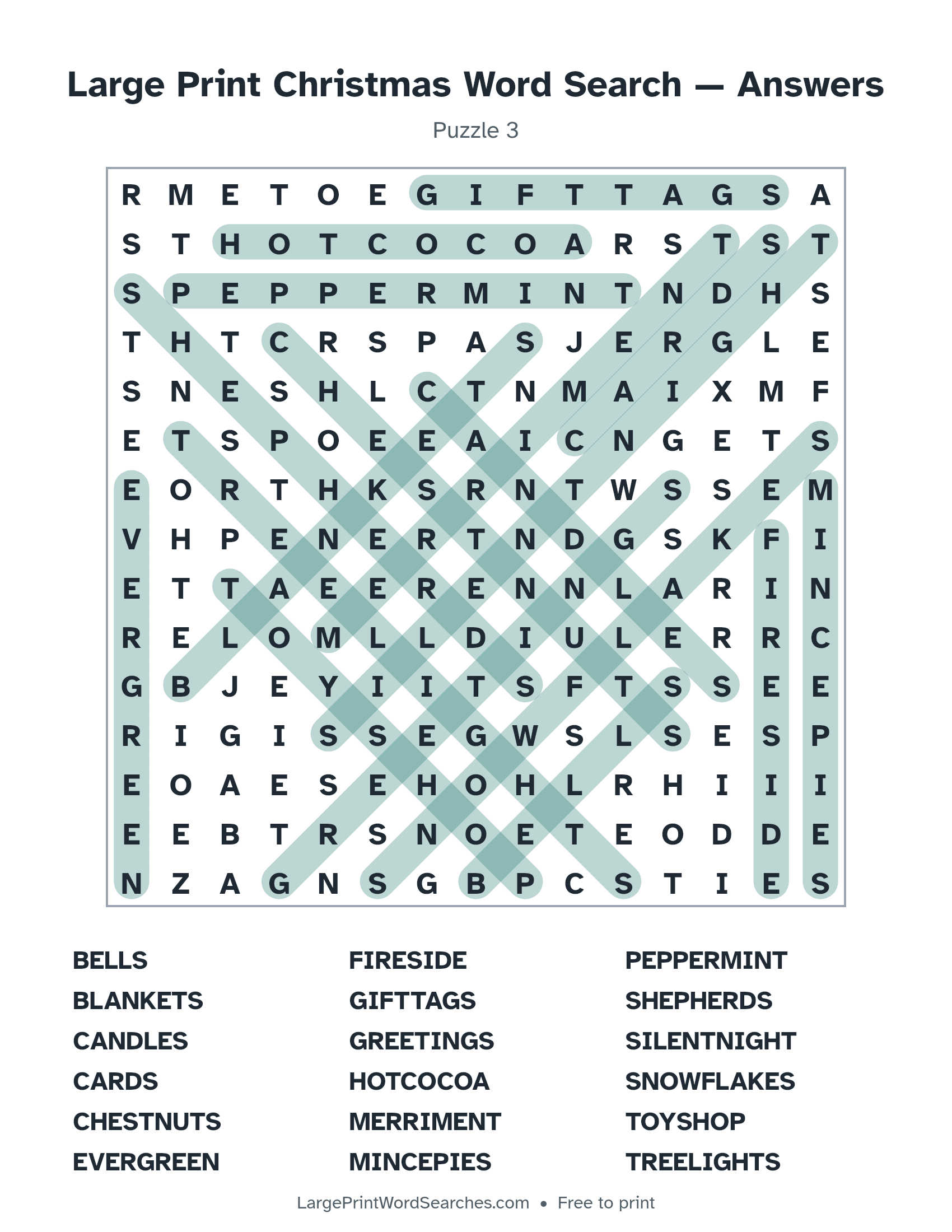 Answer key for large print christmas word search puzzle 3 with every hidden word highlighted