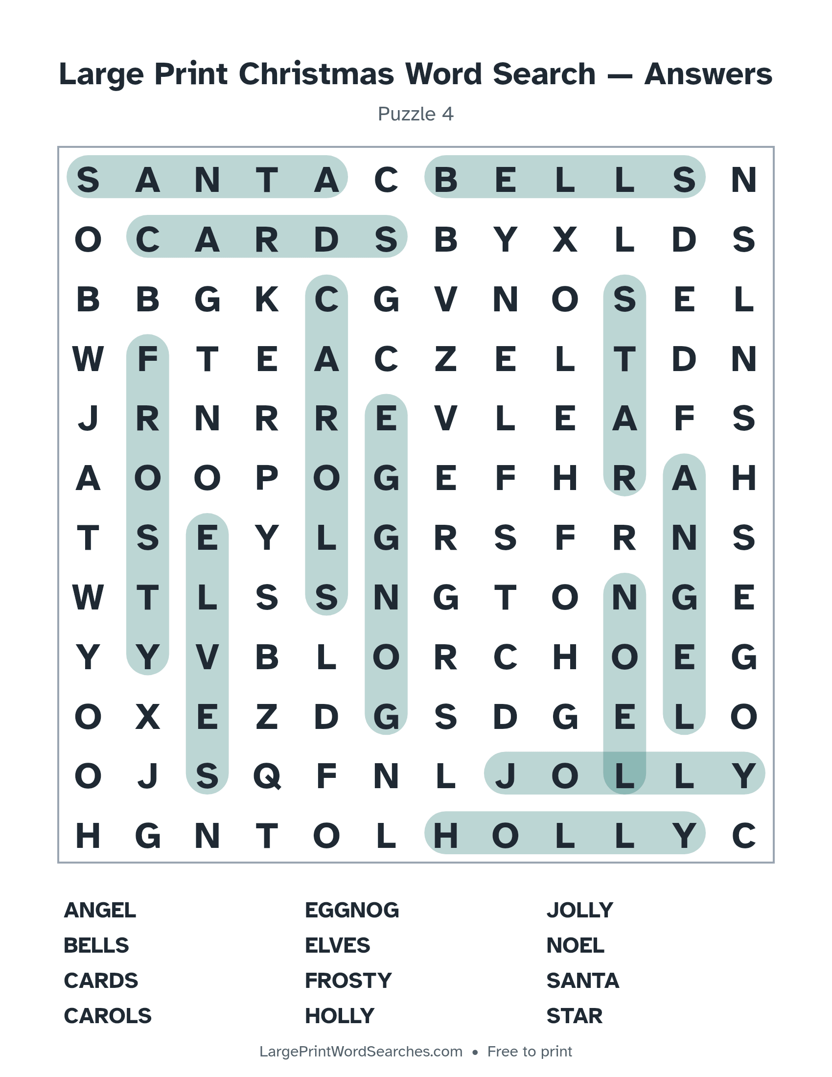 Answer key for large print christmas word search puzzle 4 with every hidden word highlighted