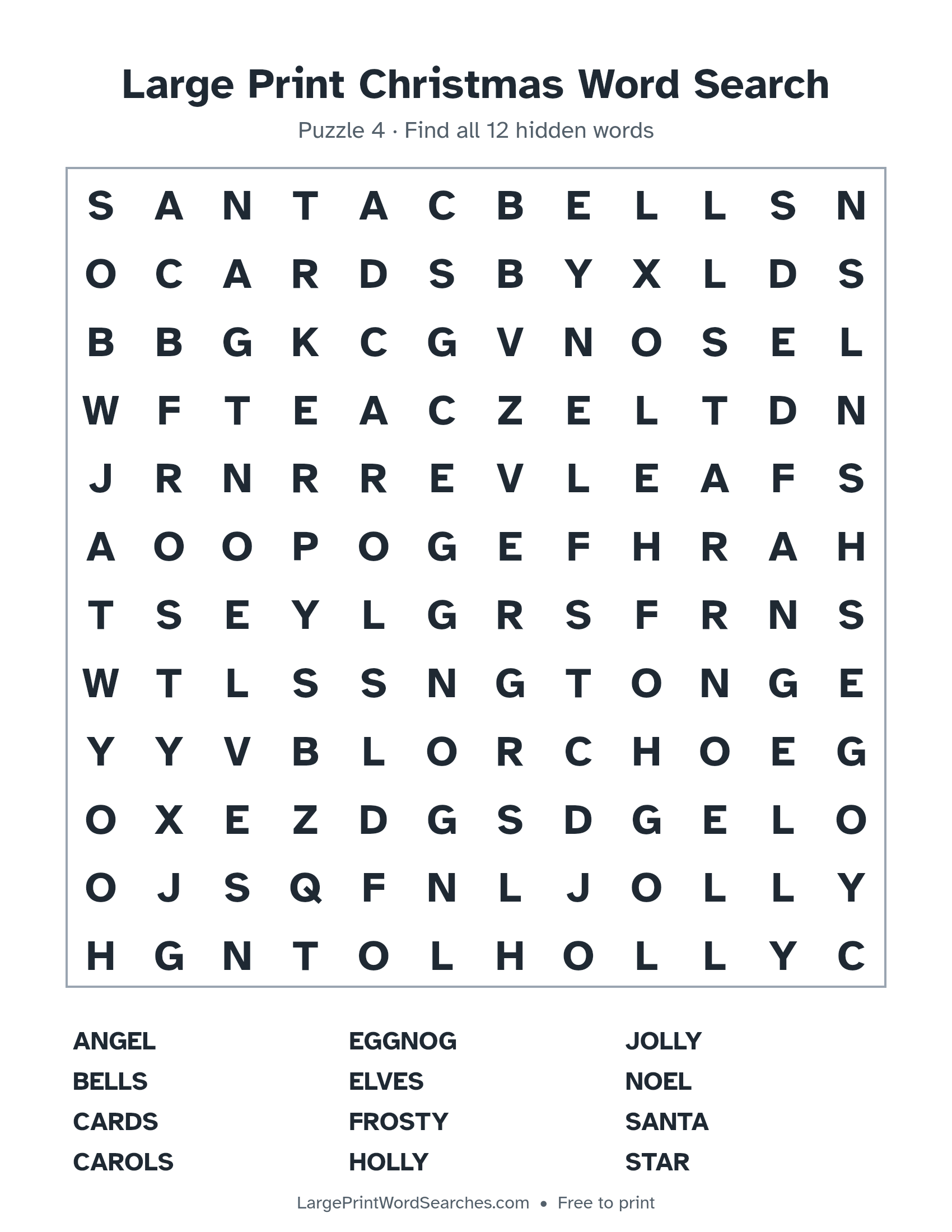 Large Print Christmas Word Search puzzle 4: a 12 by 12 letter grid with 12 hidden words in large print