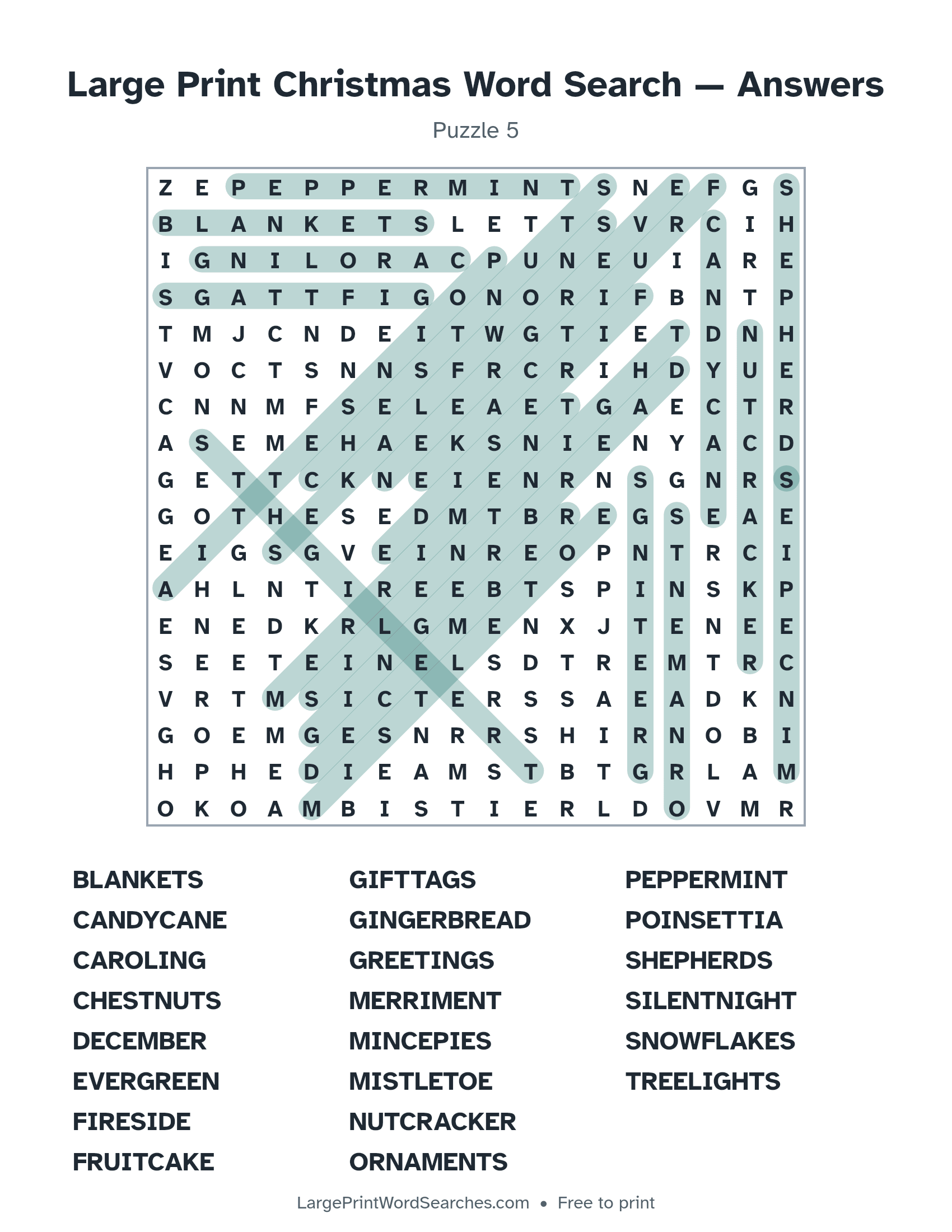 Answer key for large print christmas word search puzzle 5 with every hidden word highlighted