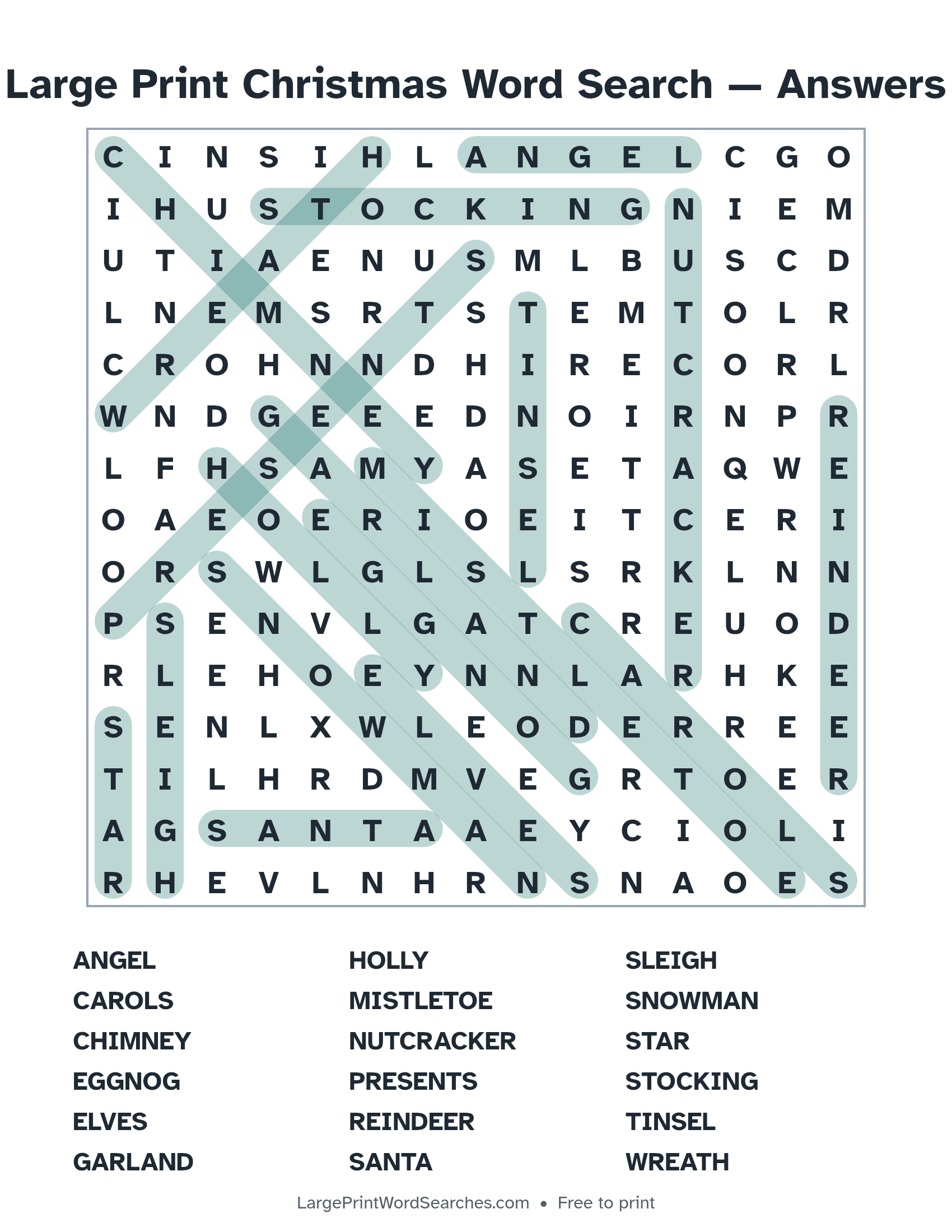 Answer key for large print christmas word search puzzle 1 with every hidden word highlighted