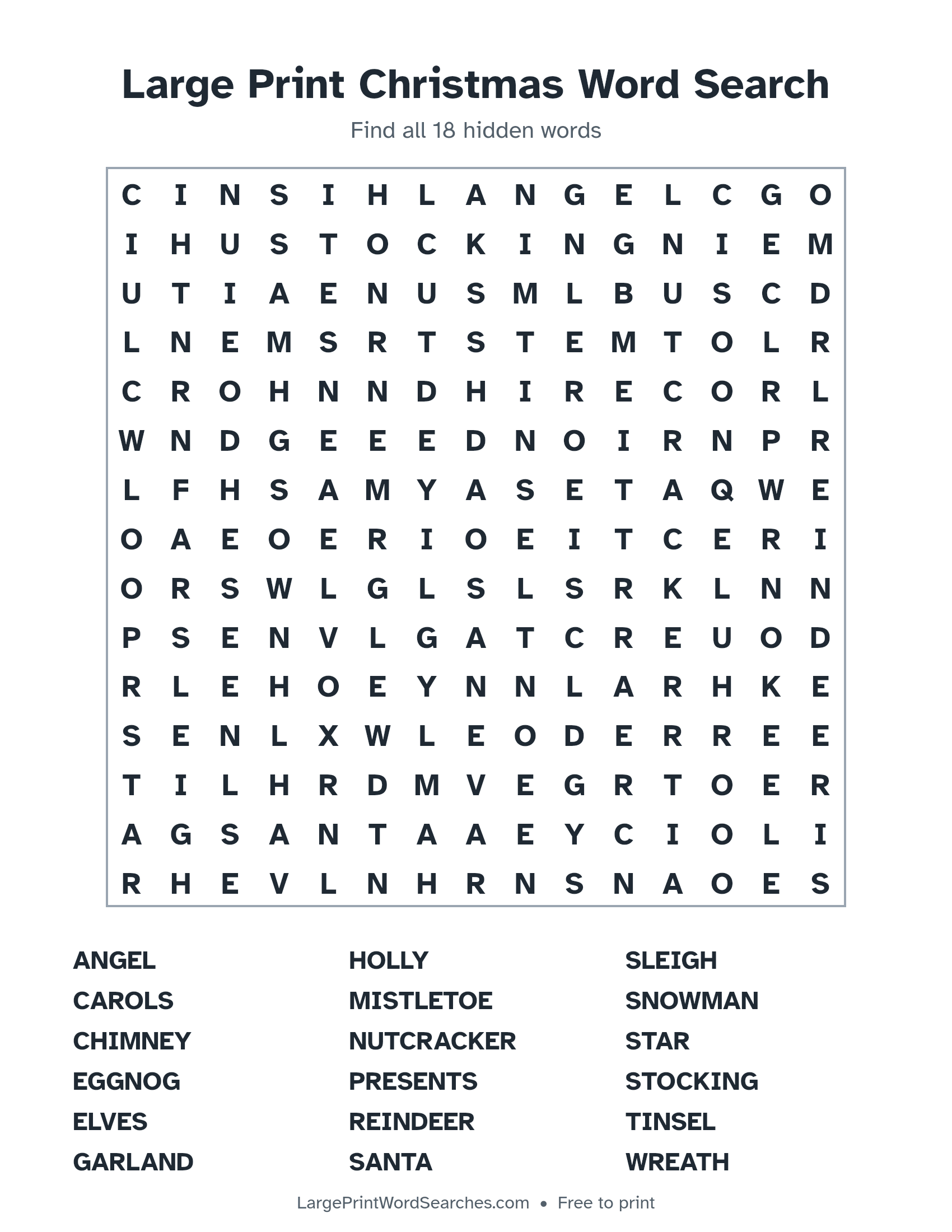 Large Print Christmas Word Search puzzle 1: a 15 by 15 letter grid with 18 hidden words in large print