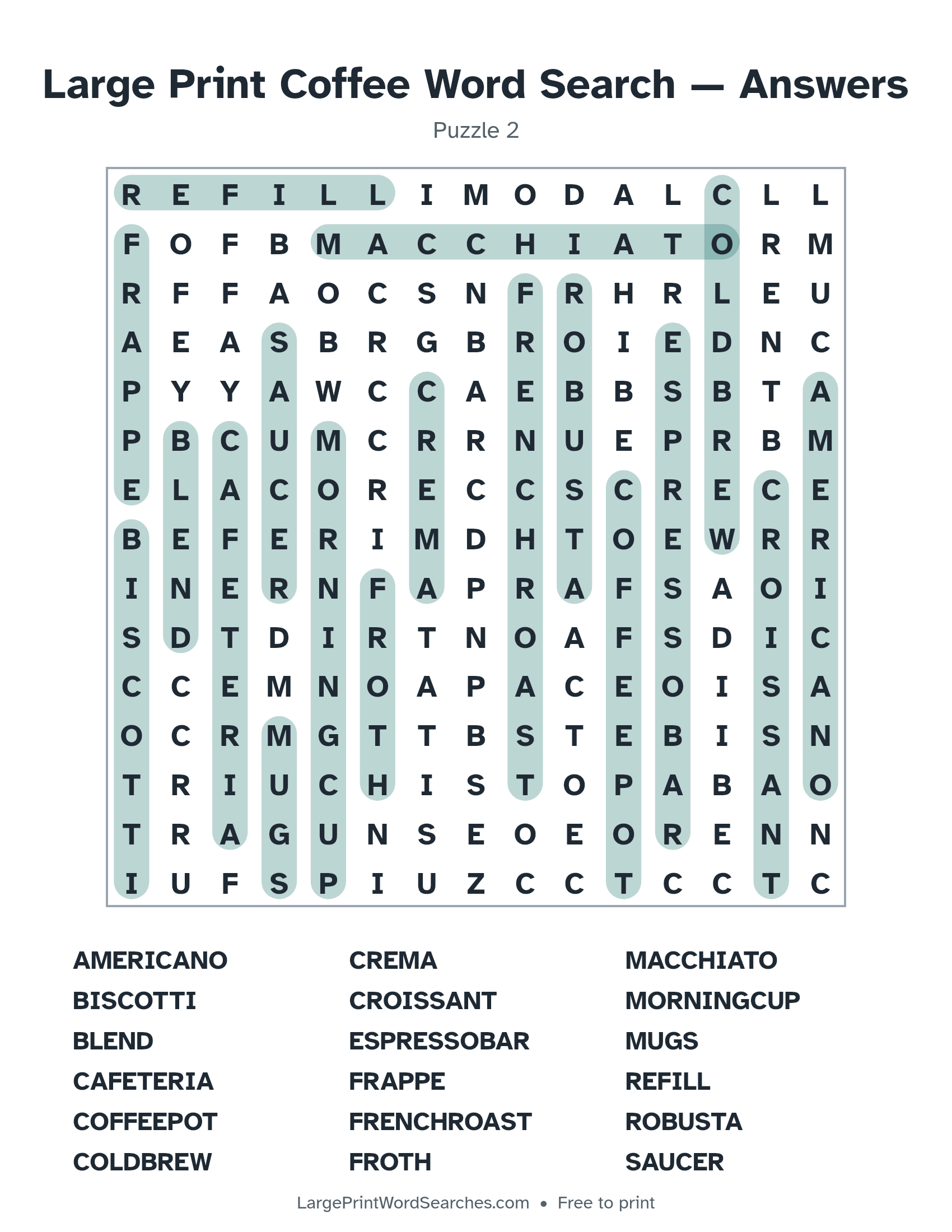 Answer key for large print coffee word search puzzle 2 with every hidden word highlighted