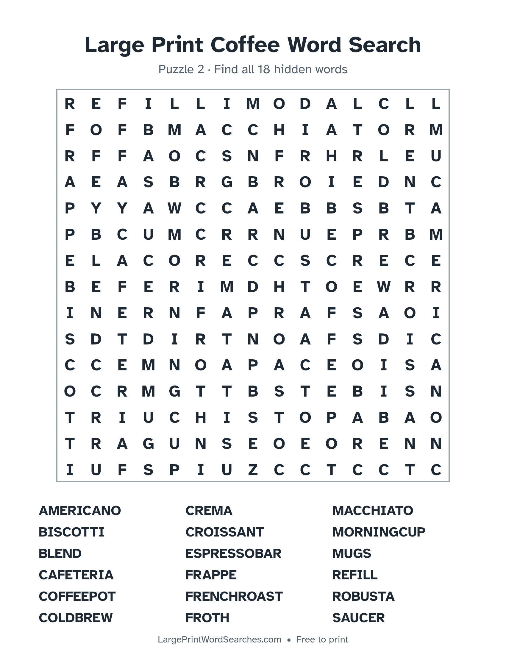 Large Print Coffee Word Search puzzle 2: a 15 by 15 letter grid with 18 hidden words in large print