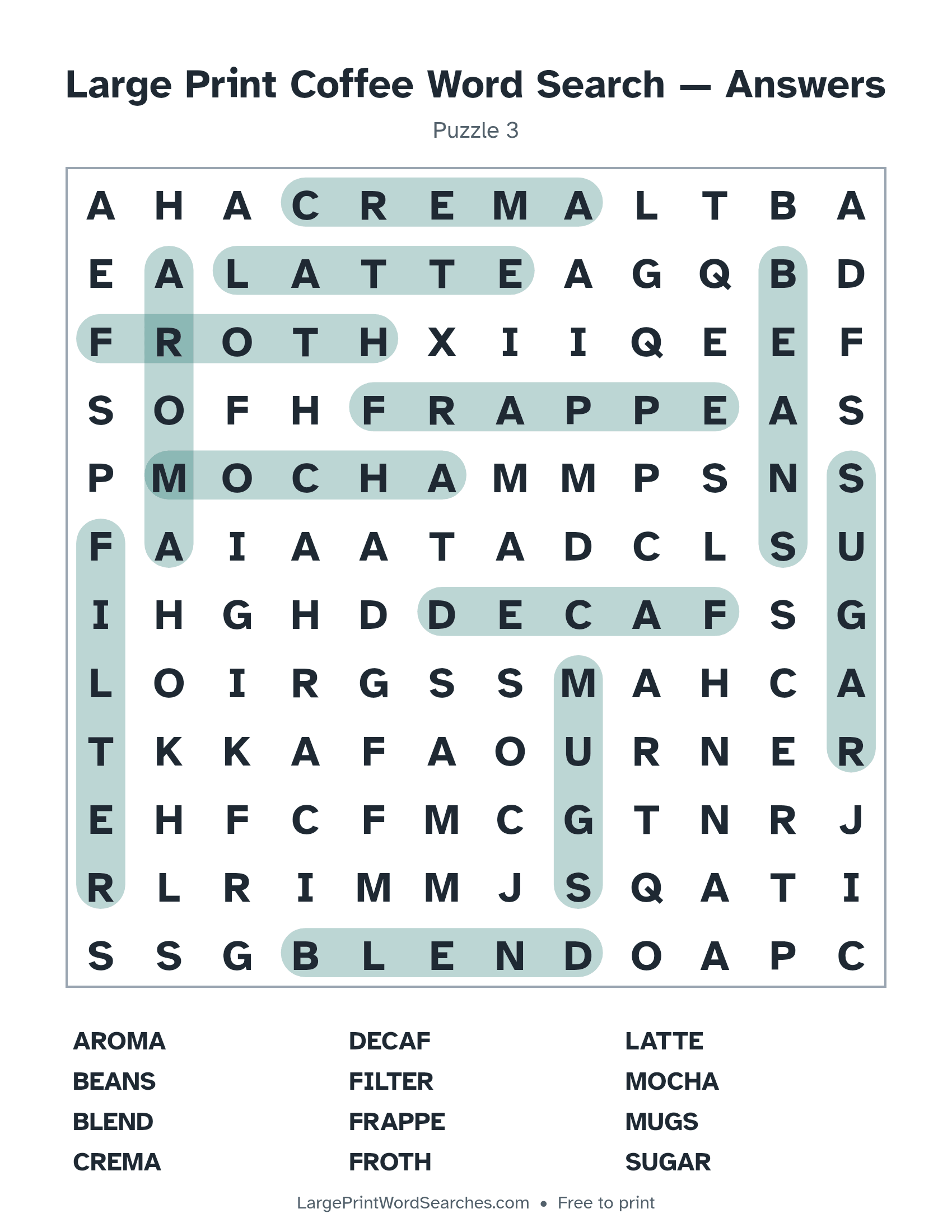 Answer key for large print coffee word search puzzle 3 with every hidden word highlighted