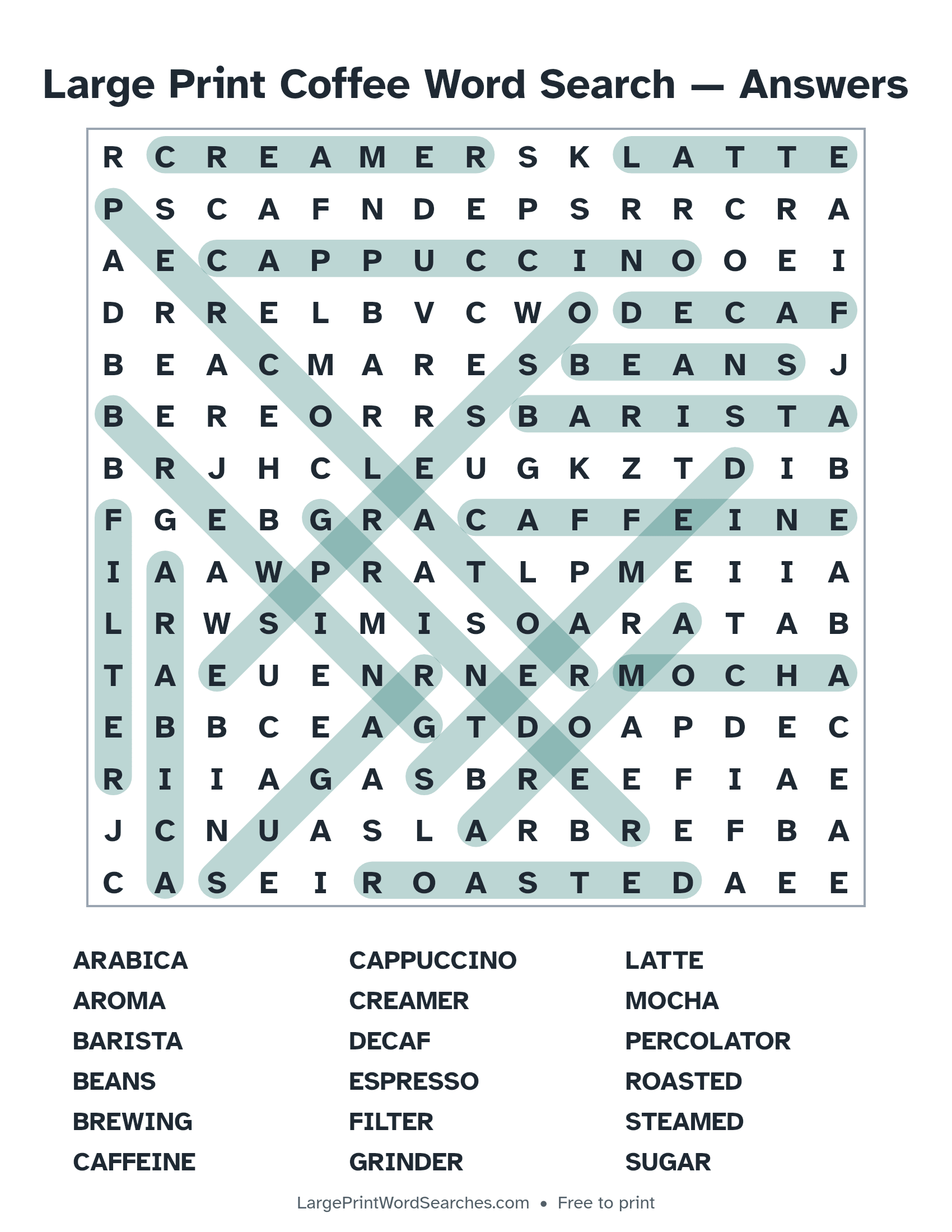 Answer key for large print coffee word search puzzle 1 with every hidden word highlighted