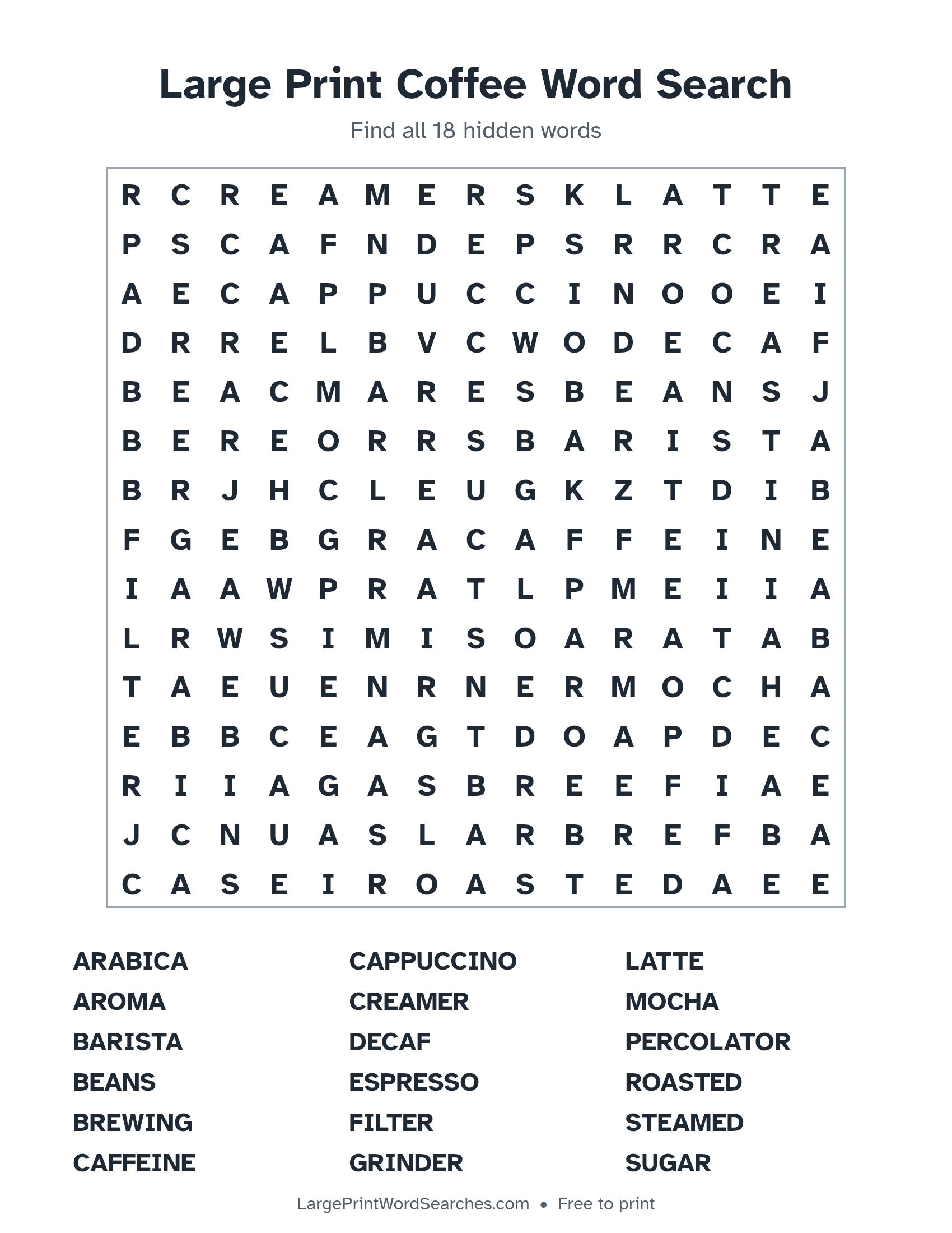 Large Print Coffee Word Search puzzle 1: a 15 by 15 letter grid with 18 hidden words in large print