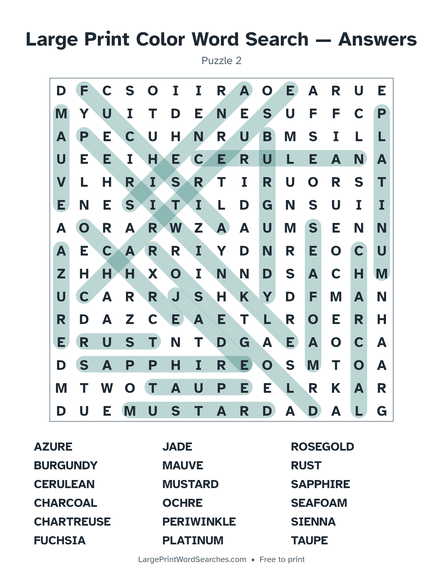 Answer key for large print color word search puzzle 2 with every hidden word highlighted