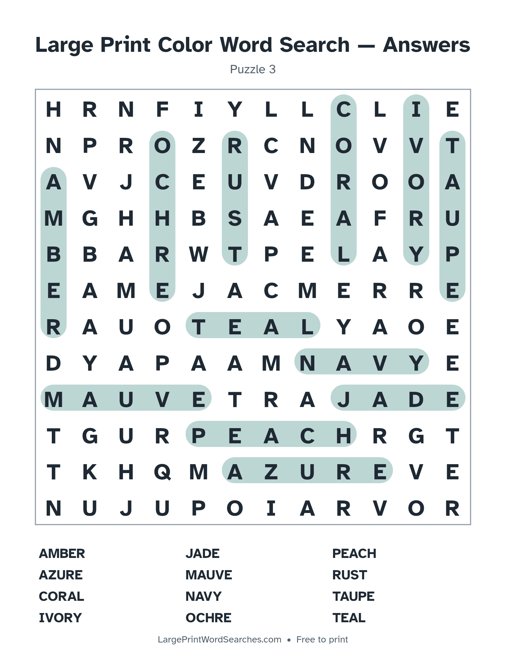 Answer key for large print color word search puzzle 3 with every hidden word highlighted