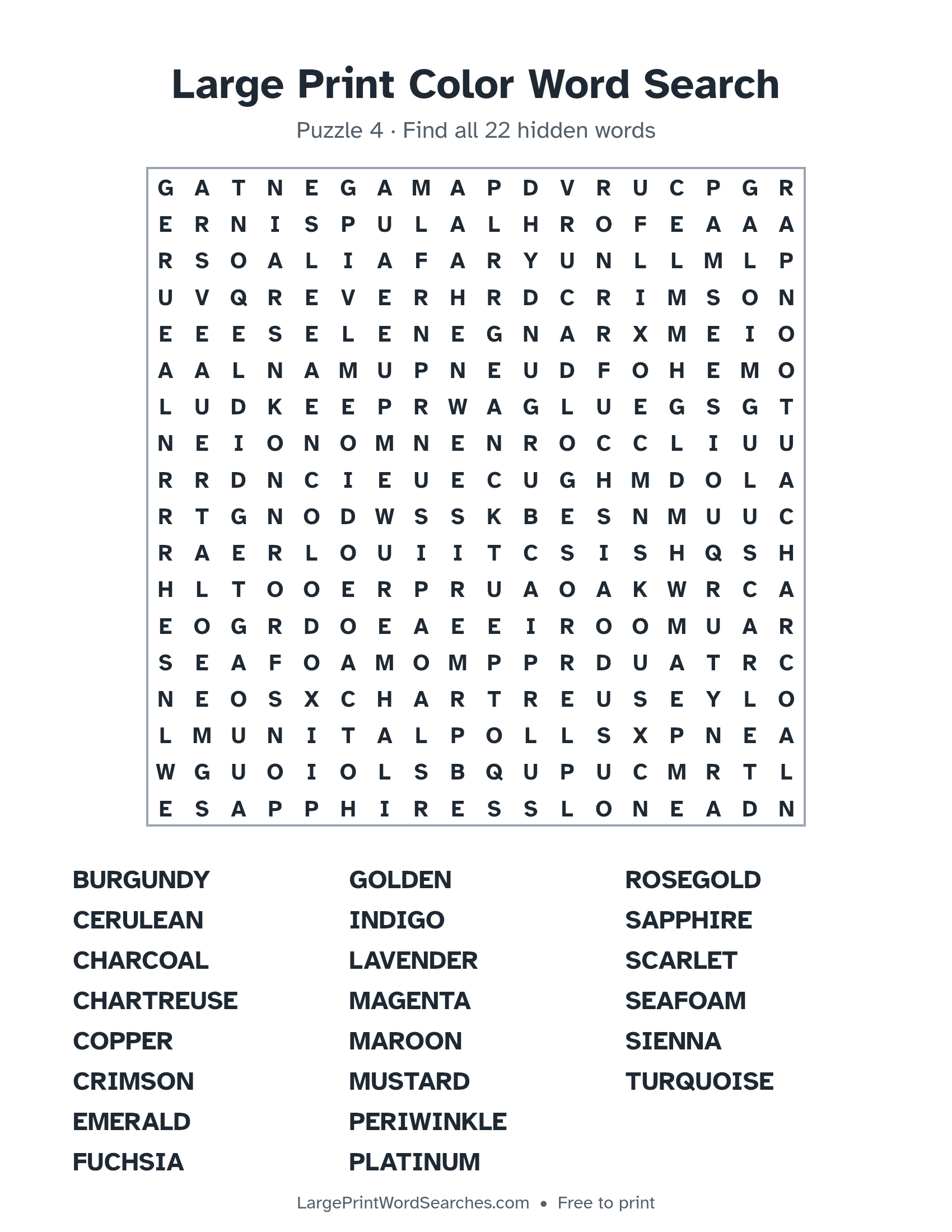 Large Print Color Word Search puzzle 4: a 18 by 18 letter grid with 22 hidden words in large print