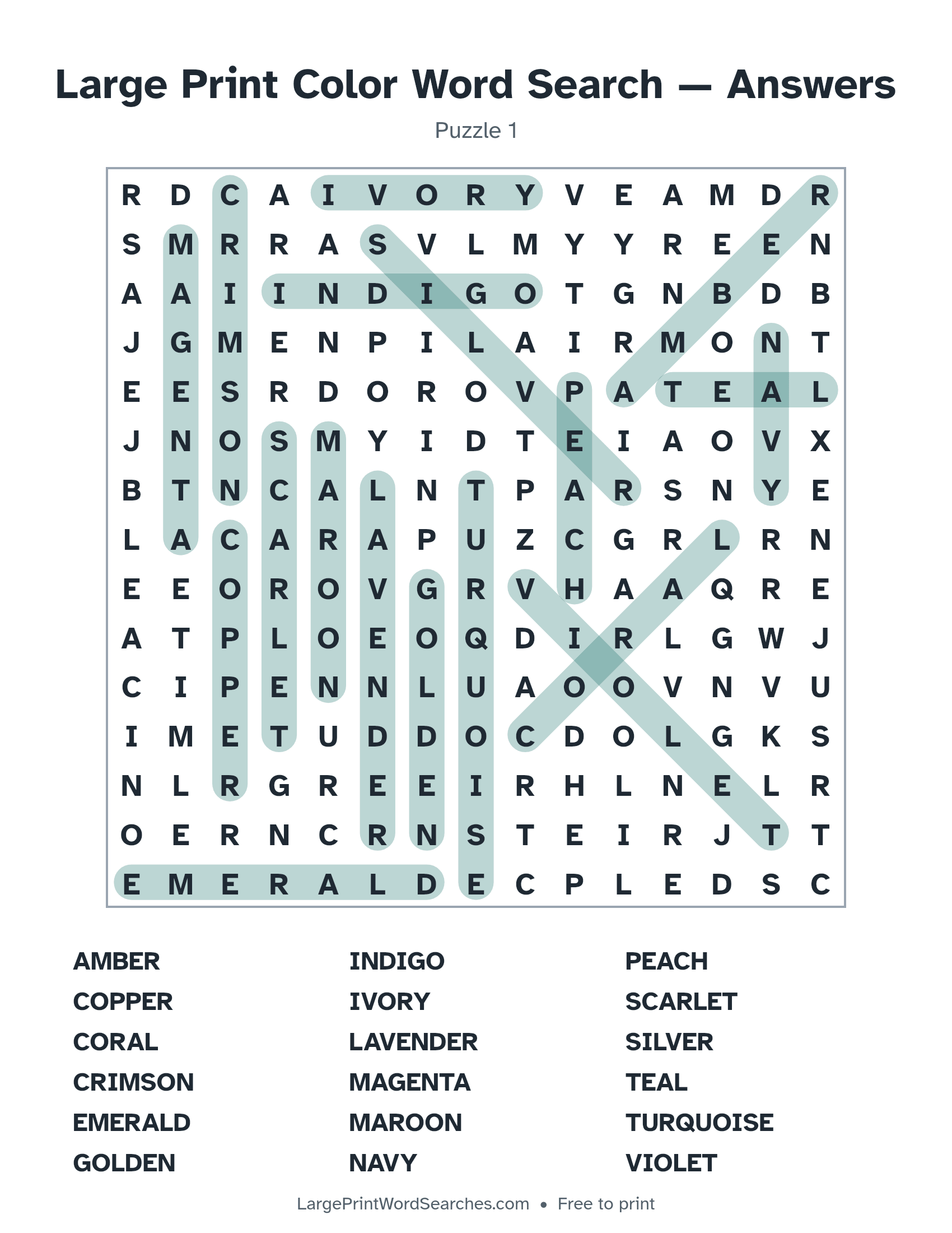 Answer key for large print color word search puzzle 1 with every hidden word highlighted