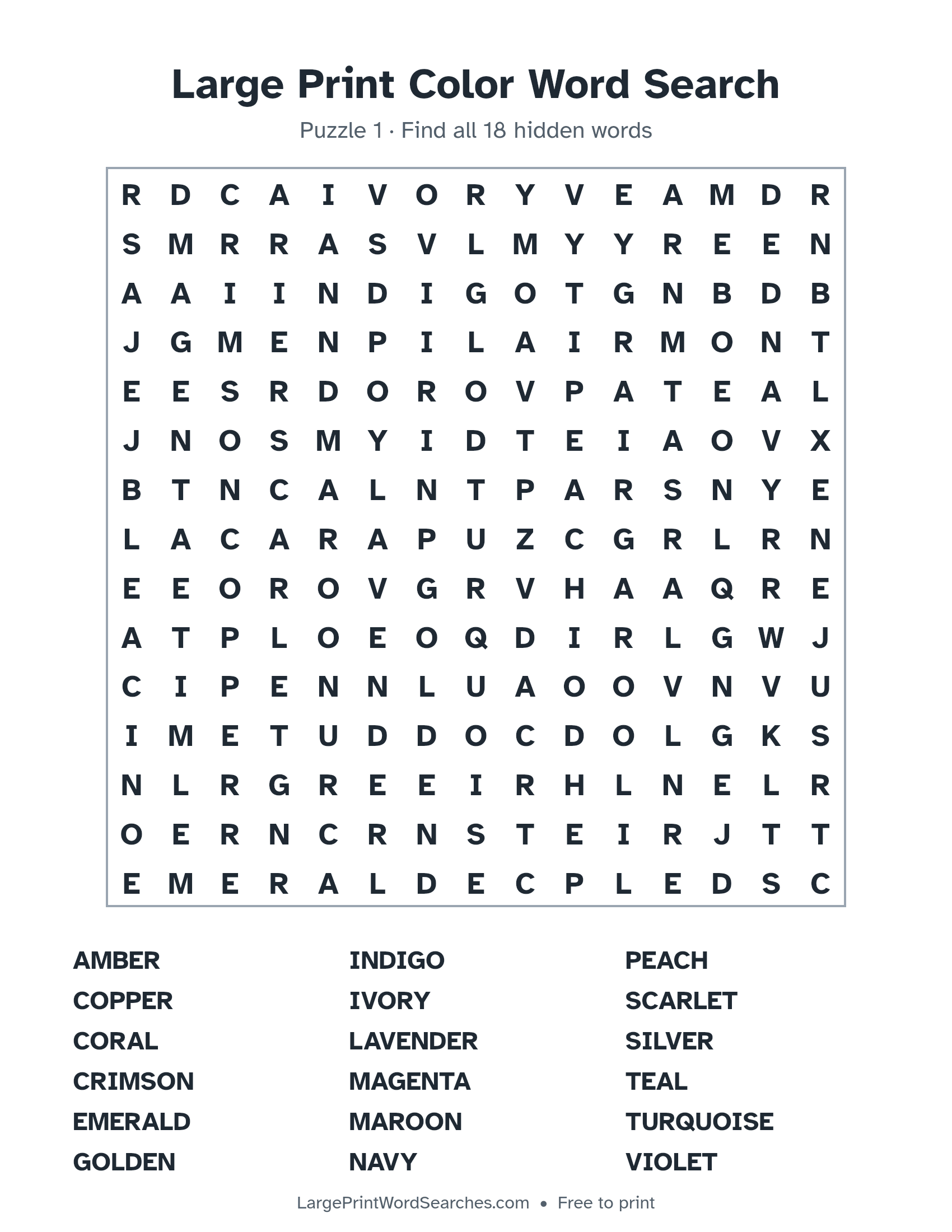 Large Print Color Word Search puzzle 1: a 15 by 15 letter grid with 18 hidden words in large print