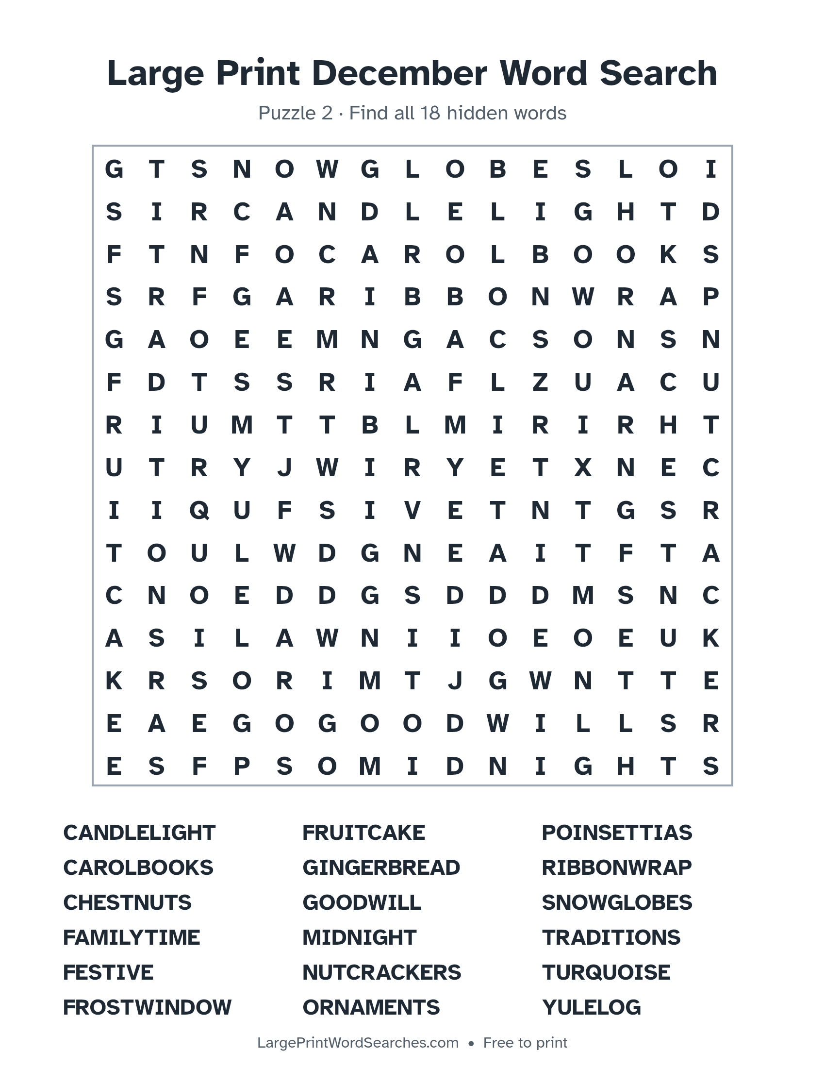 Large Print December Word Search puzzle 2: a 15 by 15 letter grid with 18 hidden words in large print