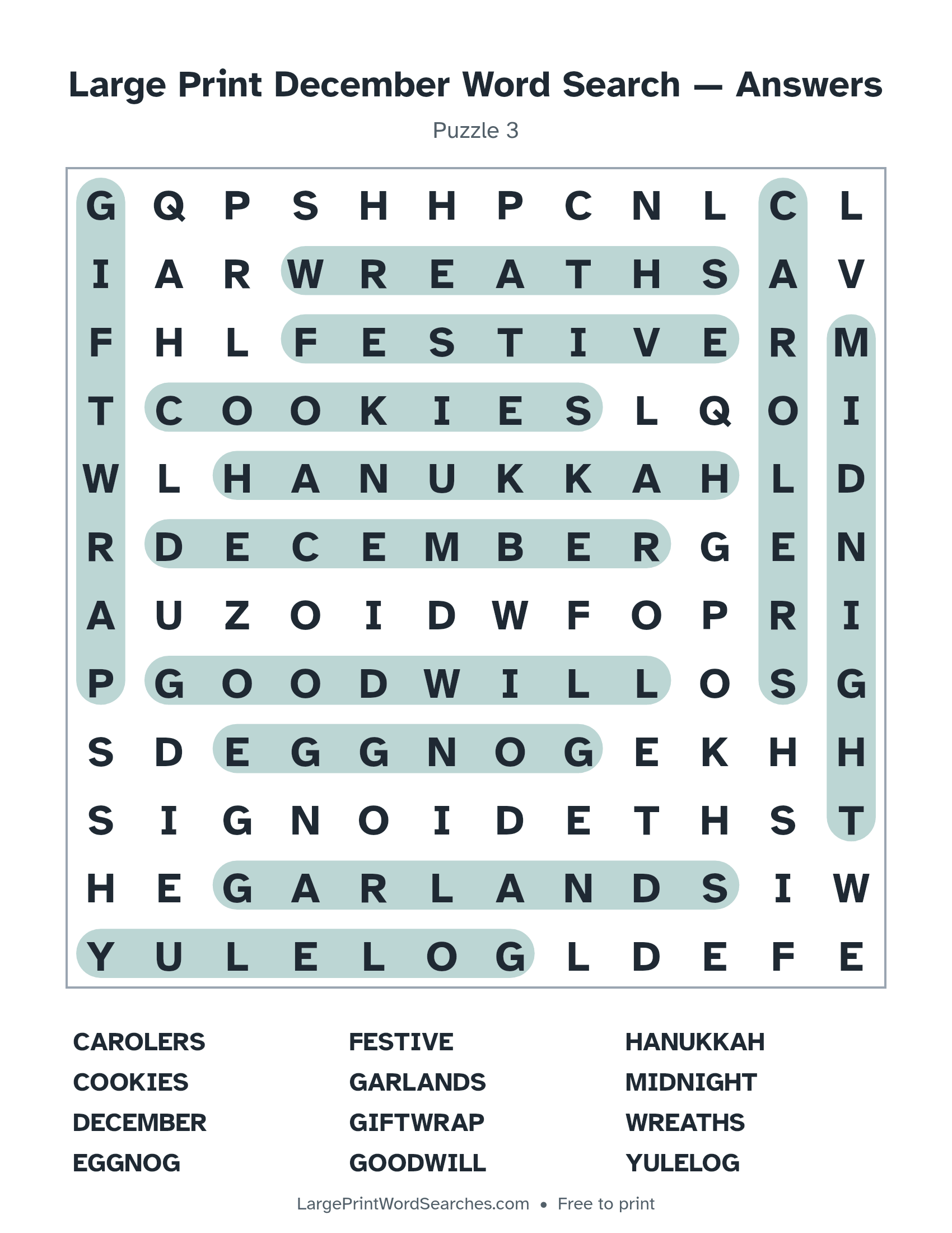 Answer key for large print december word search puzzle 3 with every hidden word highlighted