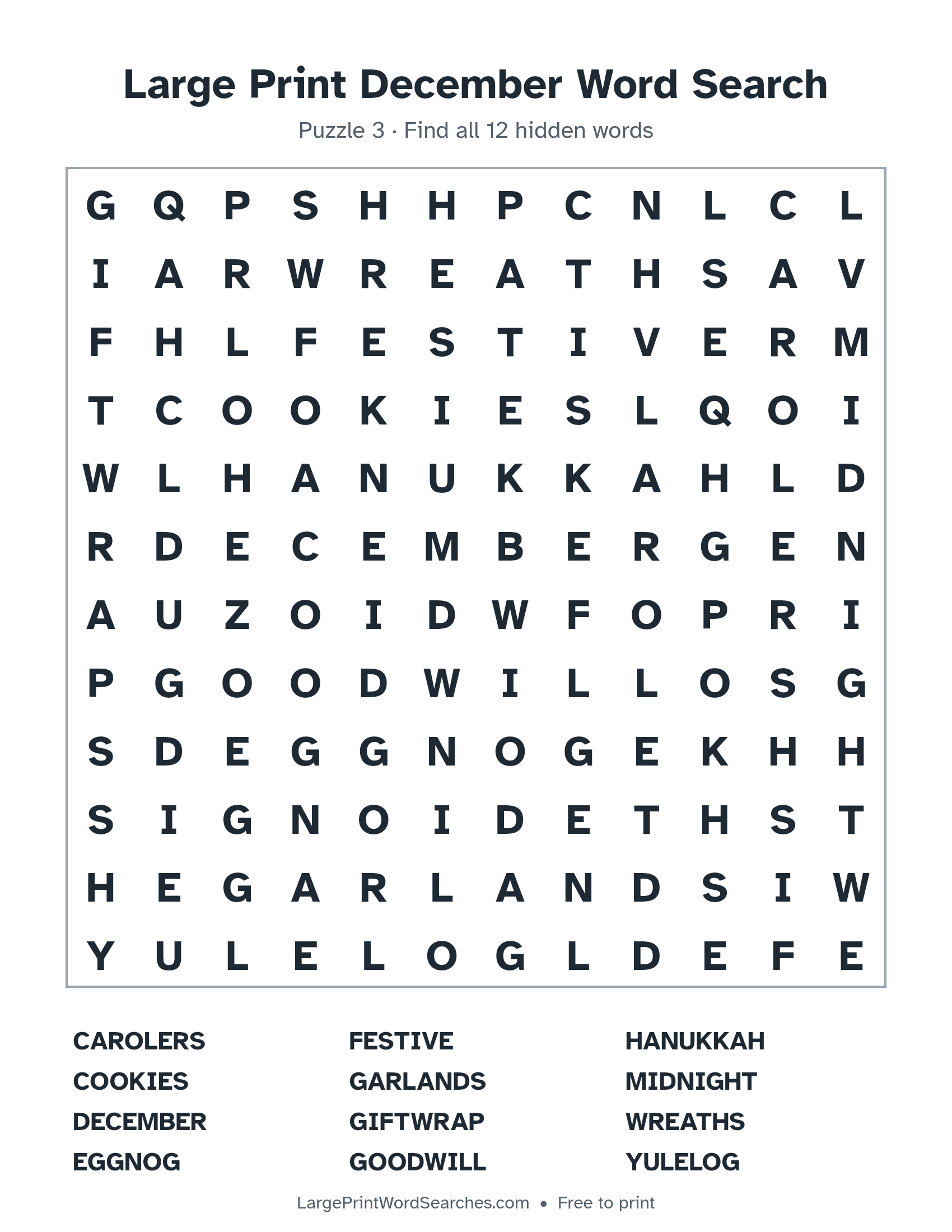 Large Print December Word Search puzzle 3: a 12 by 12 letter grid with 12 hidden words in large print