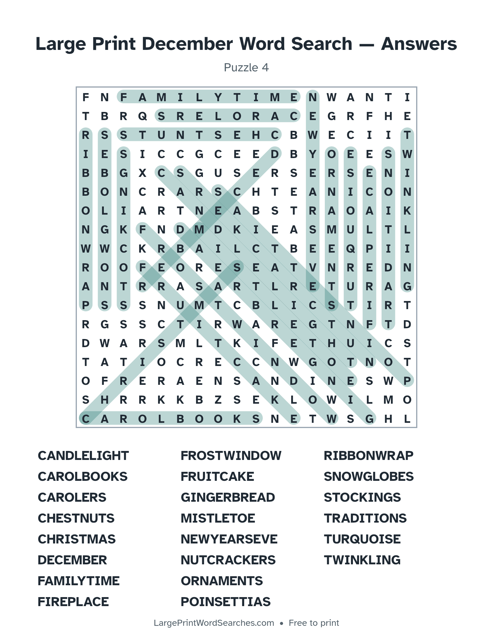 Answer key for large print december word search puzzle 4 with every hidden word highlighted