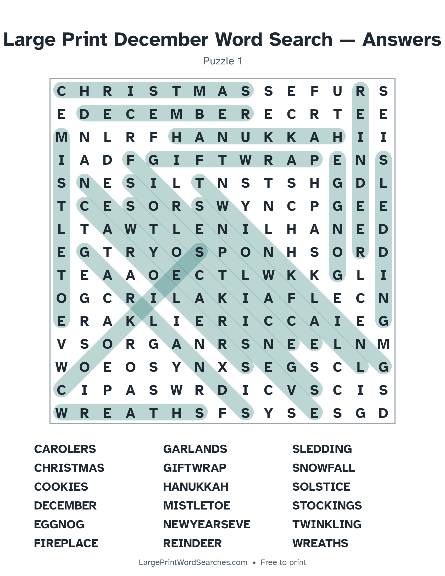 Answer key for large print december word search puzzle 1 with every hidden word highlighted
