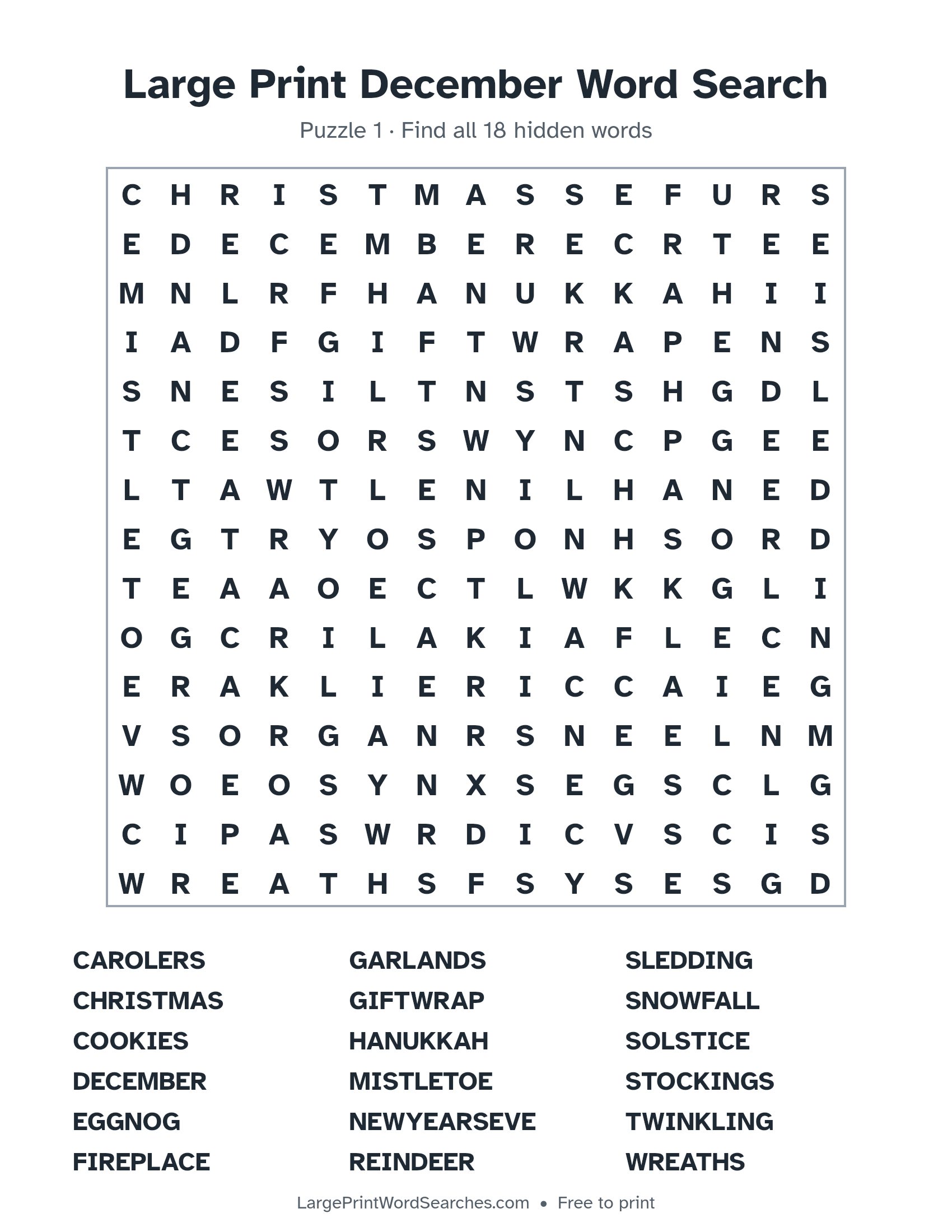 Large Print December Word Search puzzle 1: a 15 by 15 letter grid with 18 hidden words in large print
