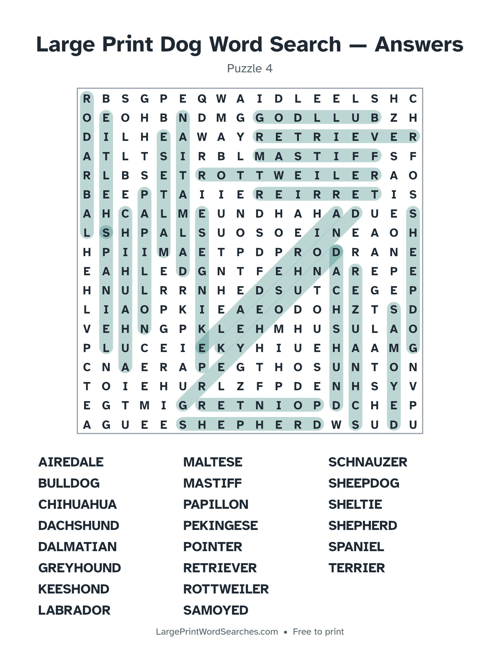 Answer key for large print dog word search puzzle 4 with every hidden word highlighted
