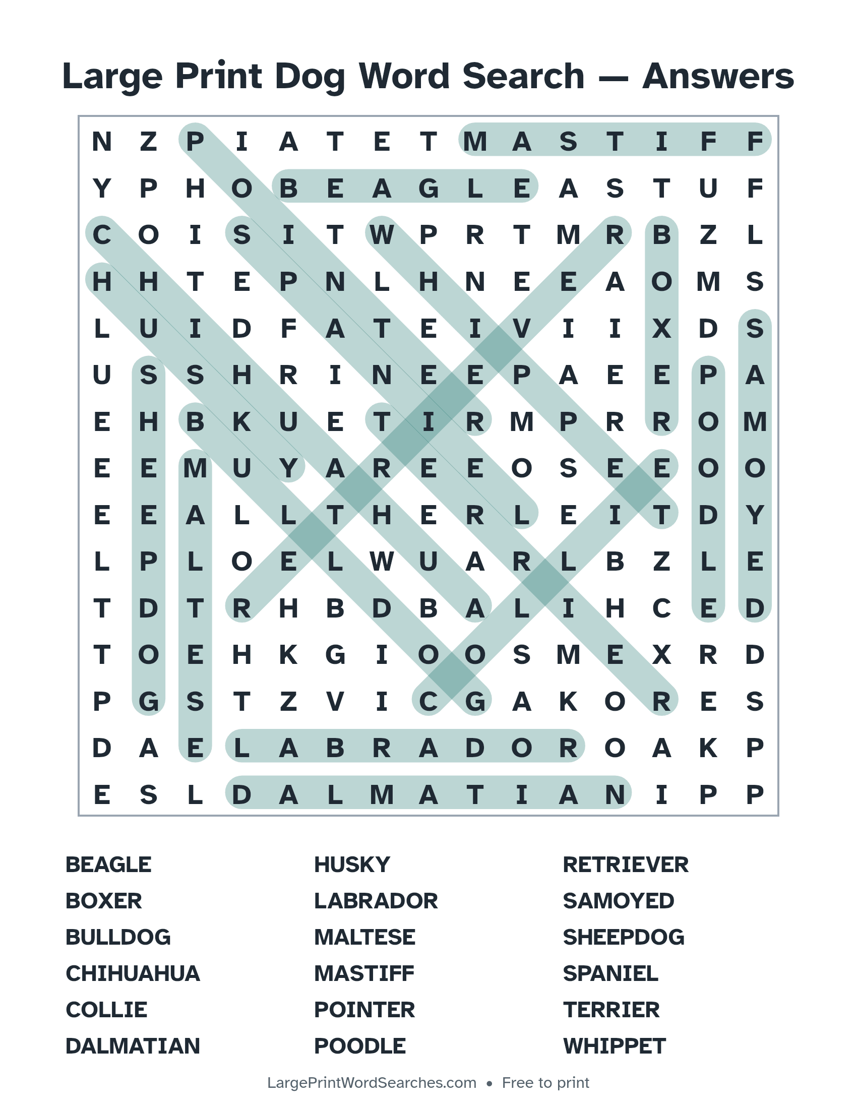 Answer key for large print dog word search puzzle 1 with every hidden word highlighted