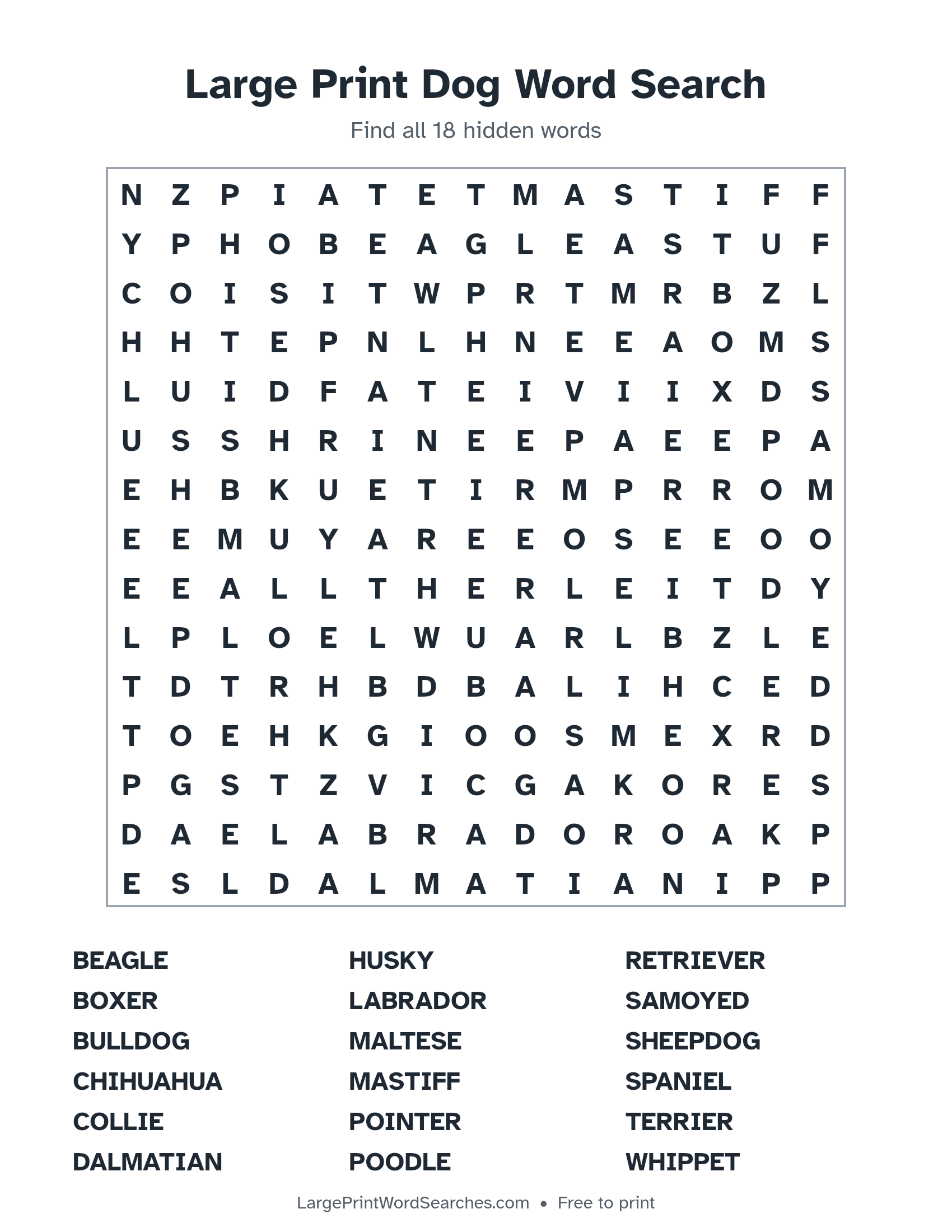 Large Print Dog Word Search puzzle 1: a 15 by 15 letter grid with 18 hidden words in large print