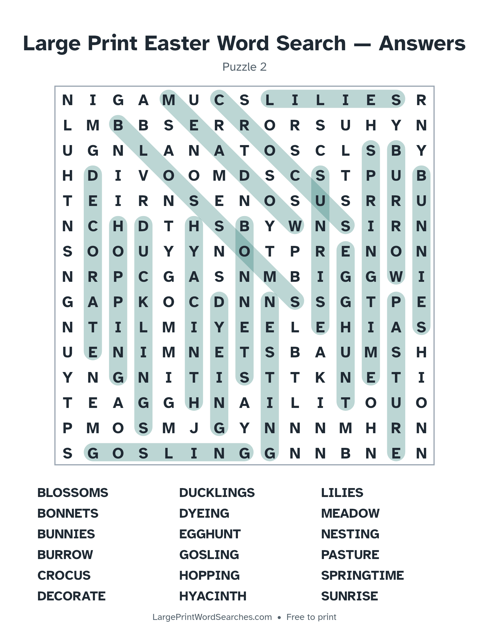 Answer key for large print easter word search puzzle 2 with every hidden word highlighted