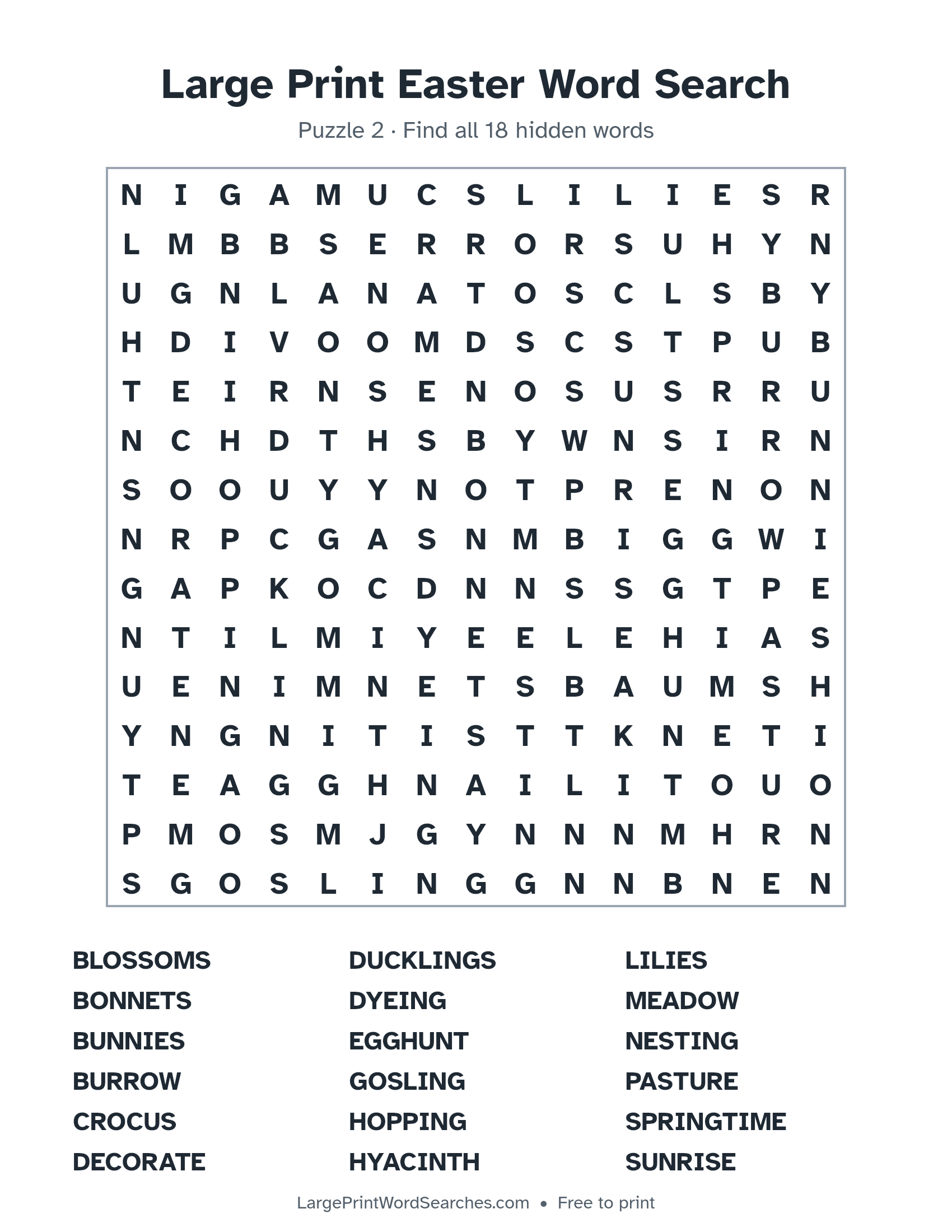 Large Print Easter Word Search puzzle 2: a 15 by 15 letter grid with 18 hidden words in large print