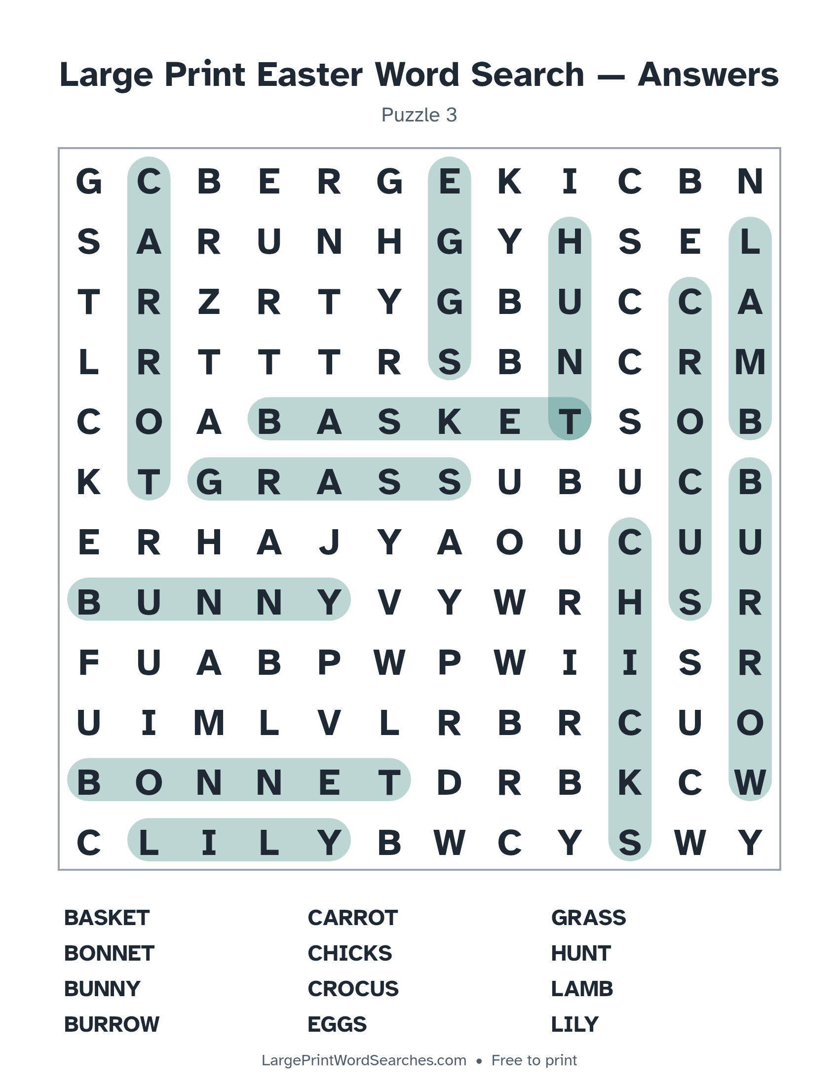 Answer key for large print easter word search puzzle 3 with every hidden word highlighted