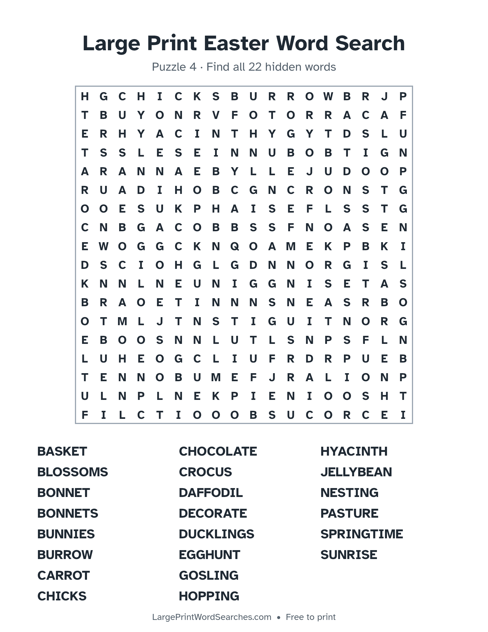 Large Print Easter Word Search puzzle 4: a 18 by 18 letter grid with 22 hidden words in large print
